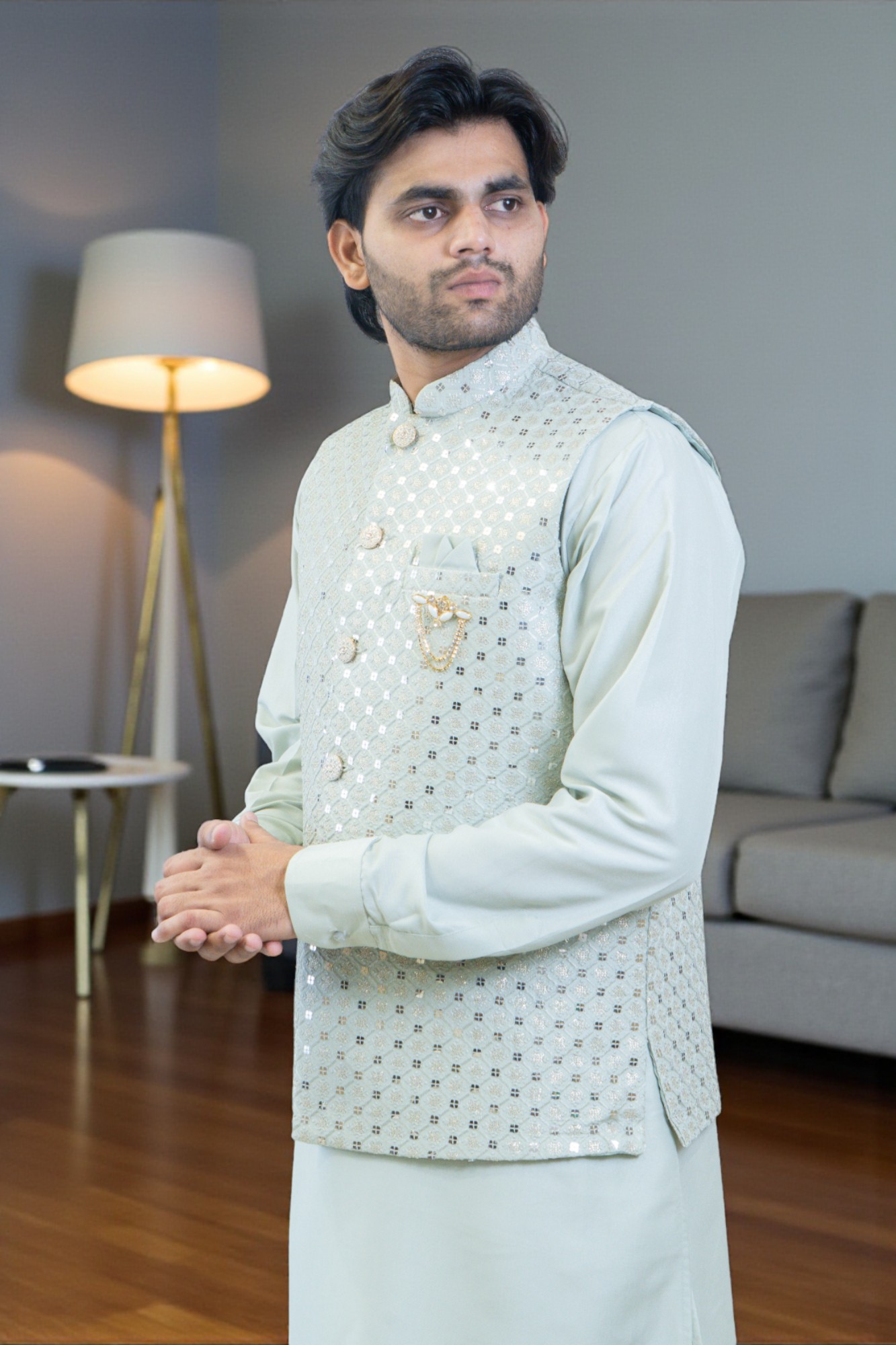 Grey Kurta Jacket Set for Men – Rayon Silk Kurta with Sequin Design Jacket