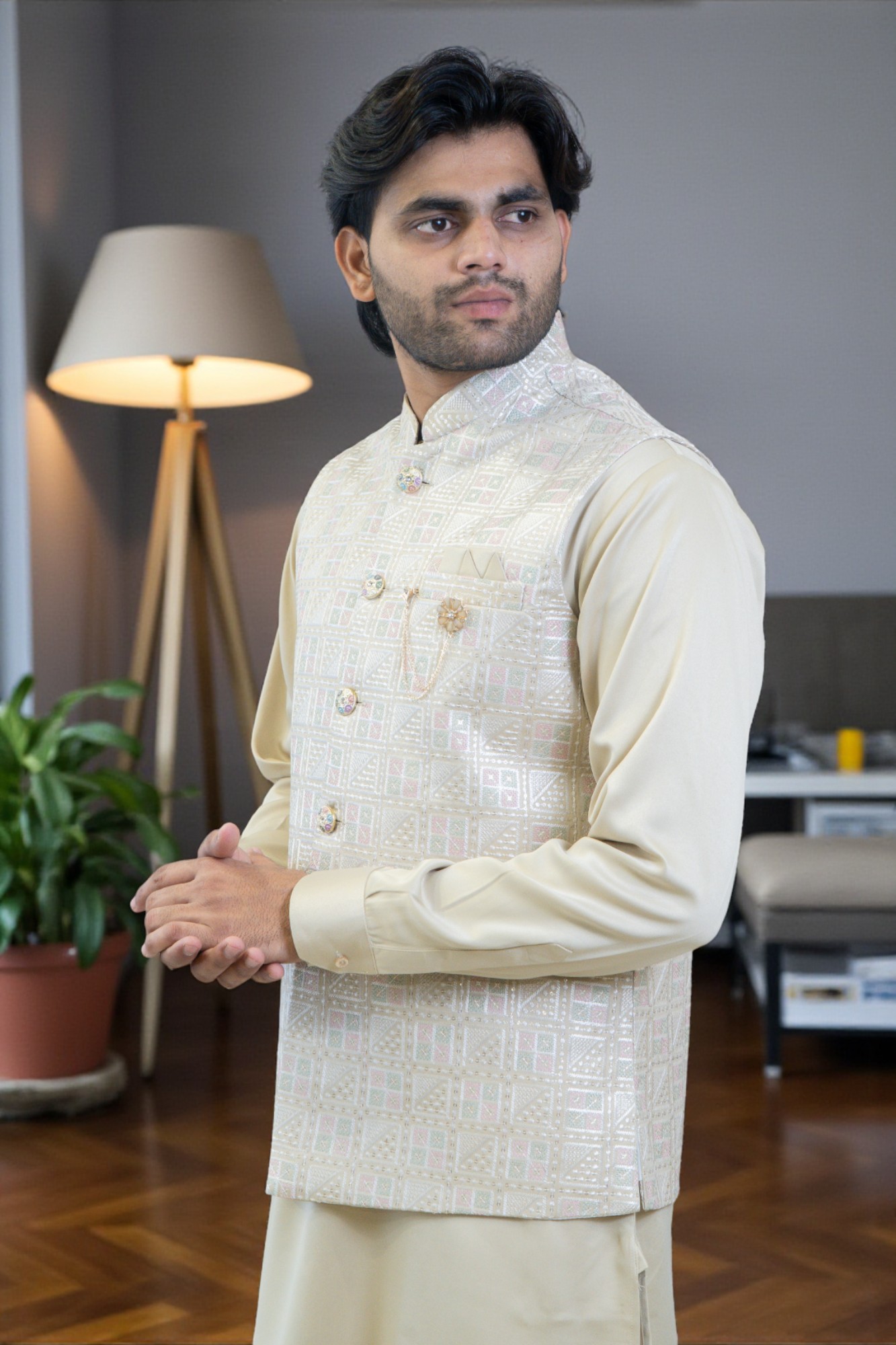 Golden Kurta Jacket Set for Men – Rayon Silk Kurta with Multi-Color Box & Thread Work Jacket