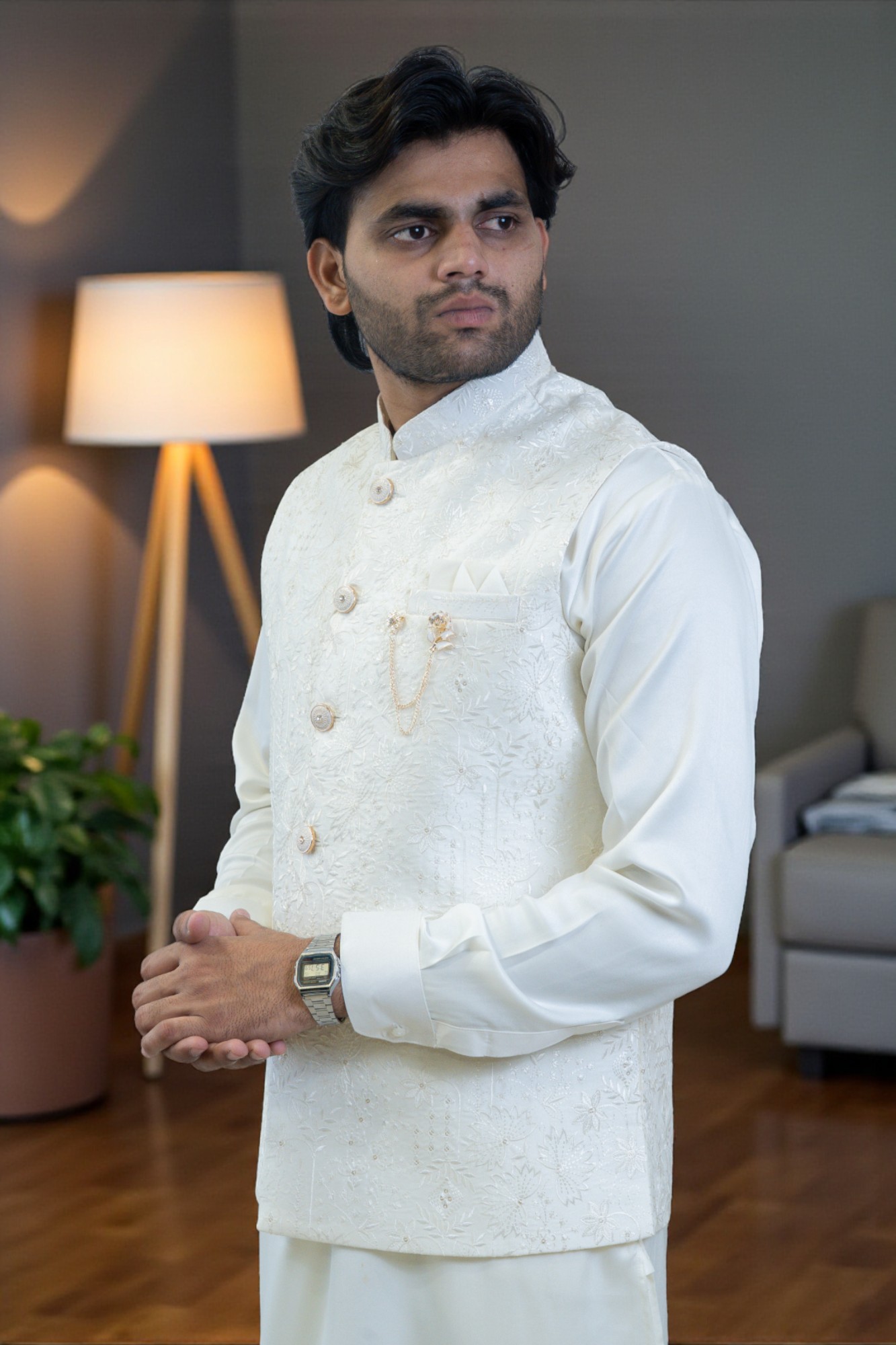 Off-White Kurta Jacket Set for Men – Embroidered Flower Design Jacket