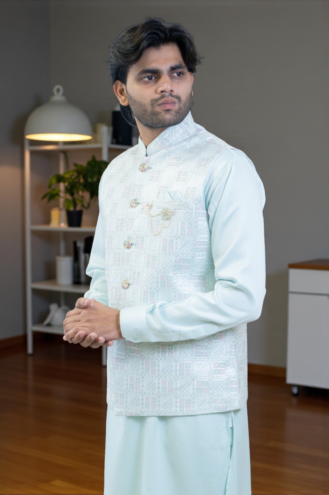 Sky Blue Kurta Jacket Set for Men – Rayon Silk with Thread Work Jacket