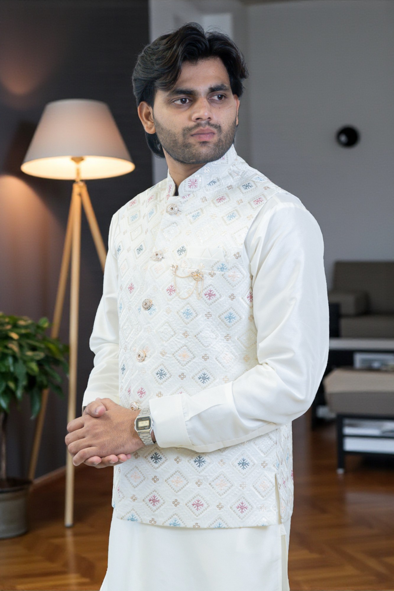 Off-White Kurta Jacket Set for Men – Rayon Silk Kurta with Multi-Color Box Design Jacket