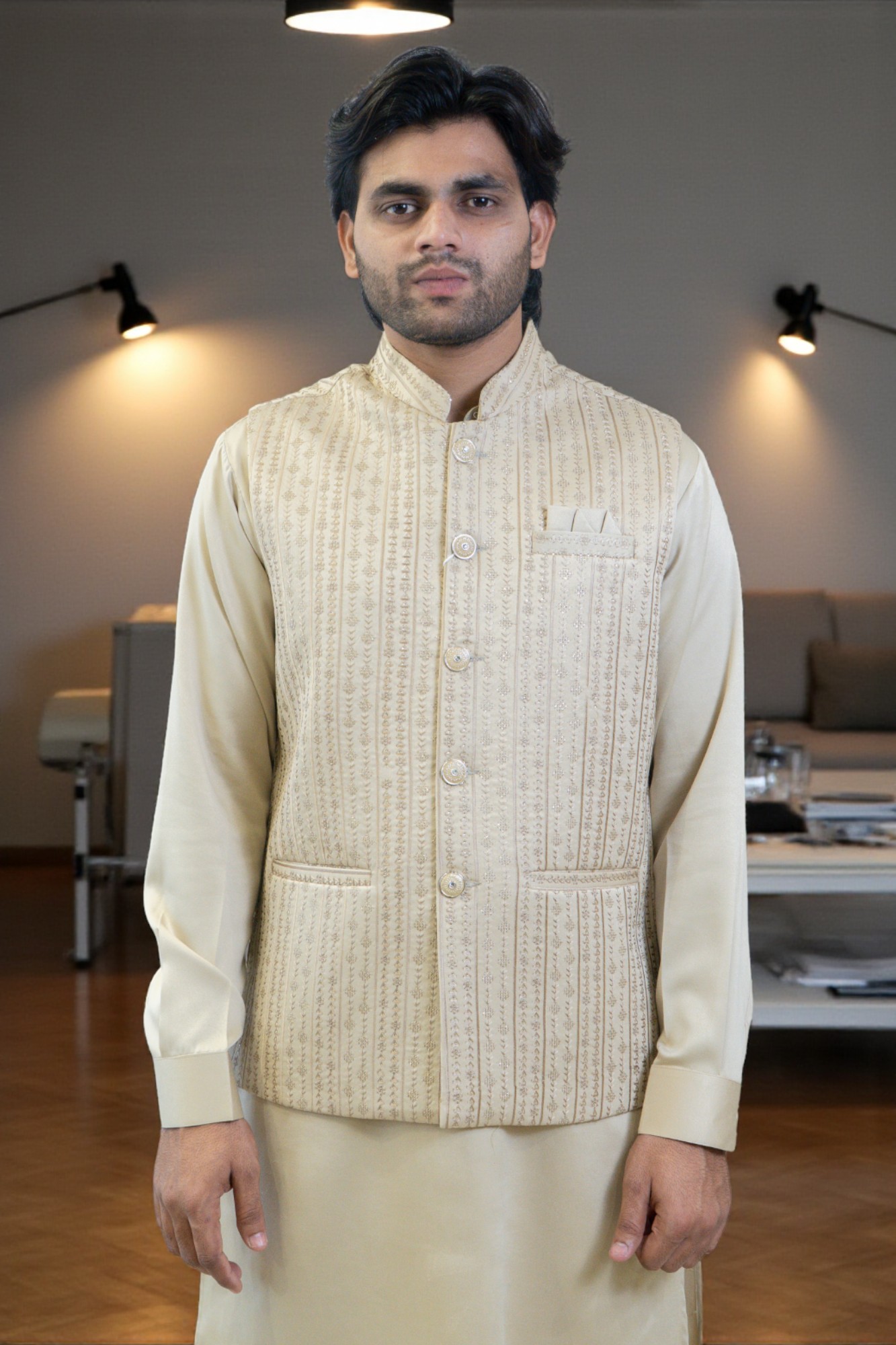 Golden Kurta Jacket Set for Men – Rayon Silk Fabric with Sequin Jacket - Image 3