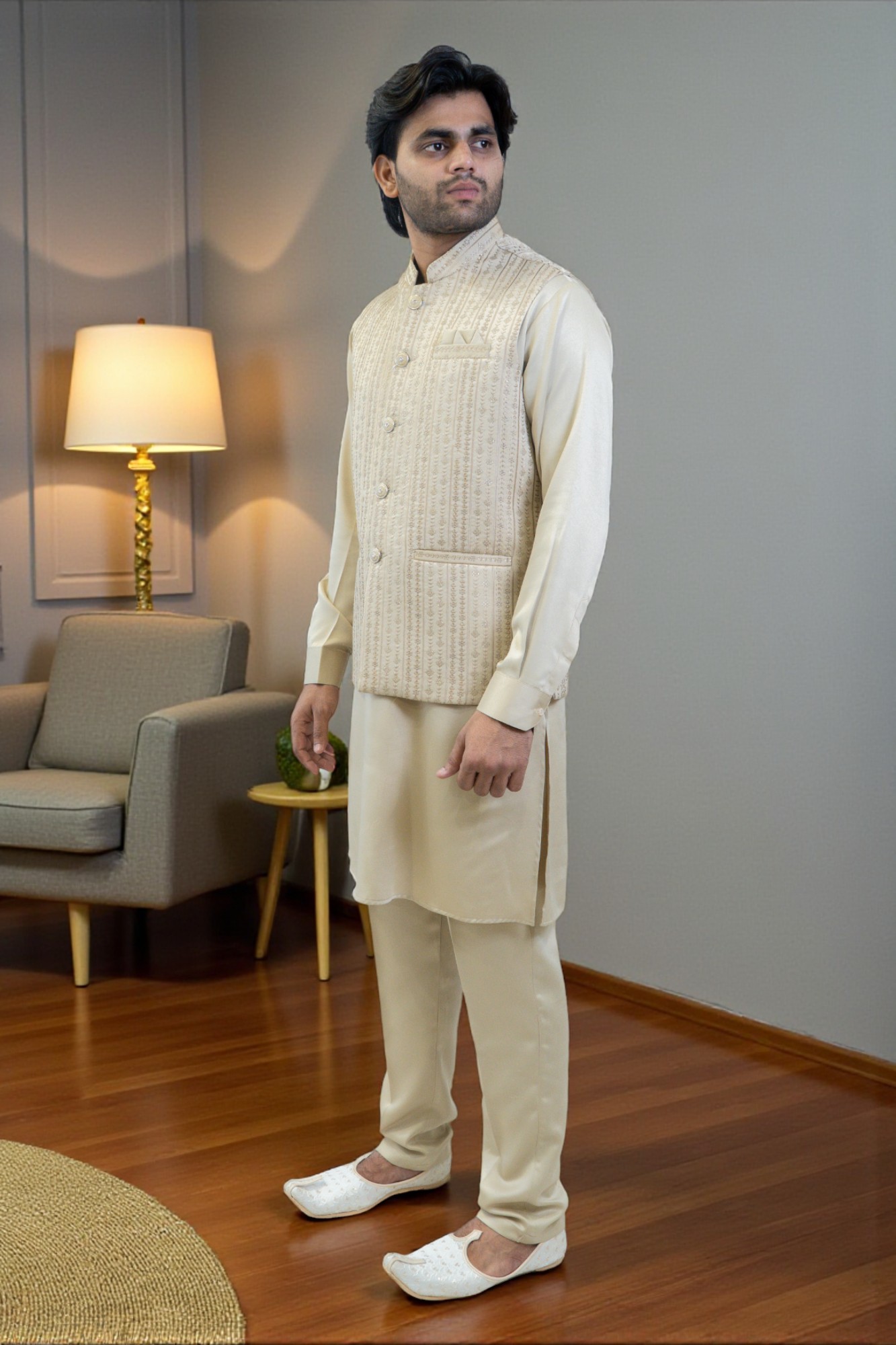 Golden Kurta Jacket Set for Men – Rayon Silk Fabric with Sequin Jacket - Image 2