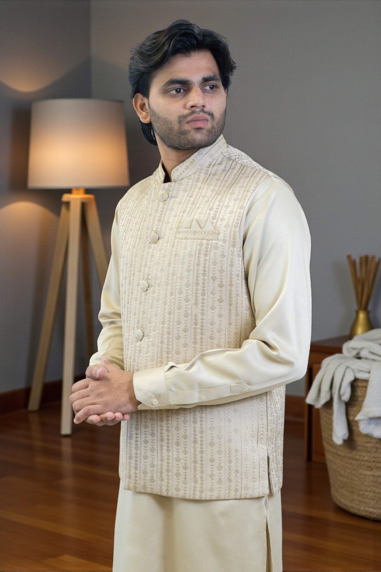 Golden Kurta Jacket Set for Men – Rayon Silk Fabric with Sequin Jacket