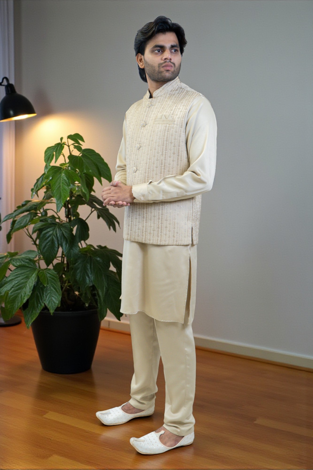 Golden Kurta Jacket Set for Men – Rayon Silk Fabric with Sequin Jacket - Image 4