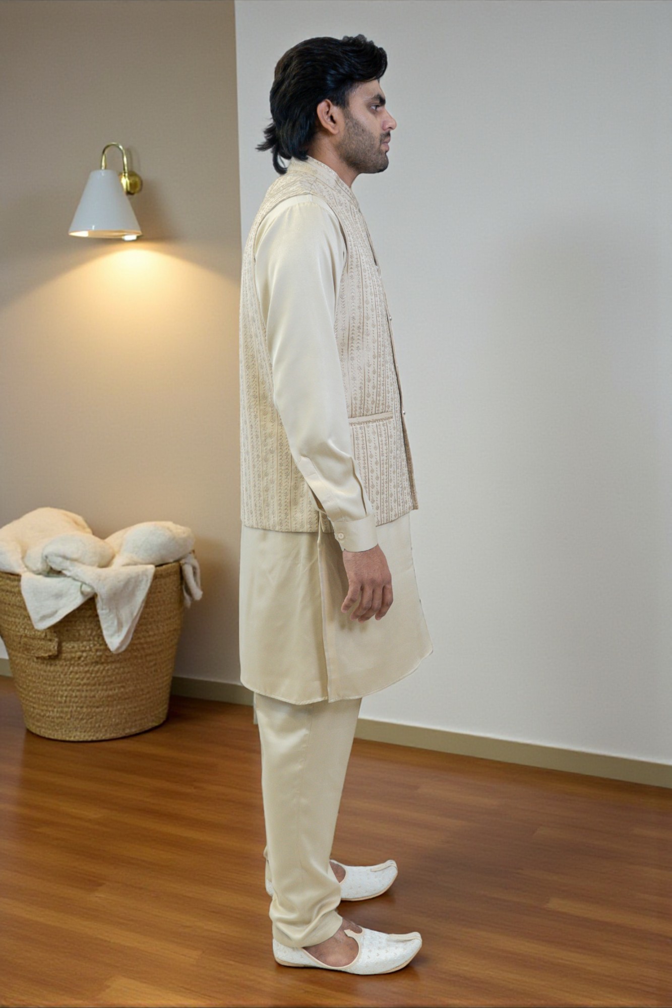 Golden Kurta Jacket Set for Men – Rayon Silk Fabric with Sequin Jacket - Image 5