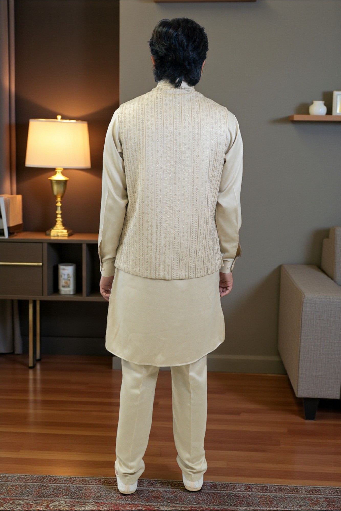 Golden Kurta Jacket Set for Men – Rayon Silk Fabric with Sequin Jacket - Image 6