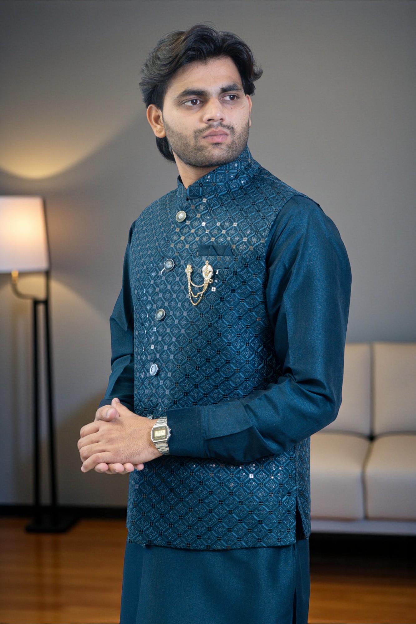 Navy Blue Kurta Jacket Set for Men – Standard Size, Rayon Silk Fabric with Sequin Design Jacket