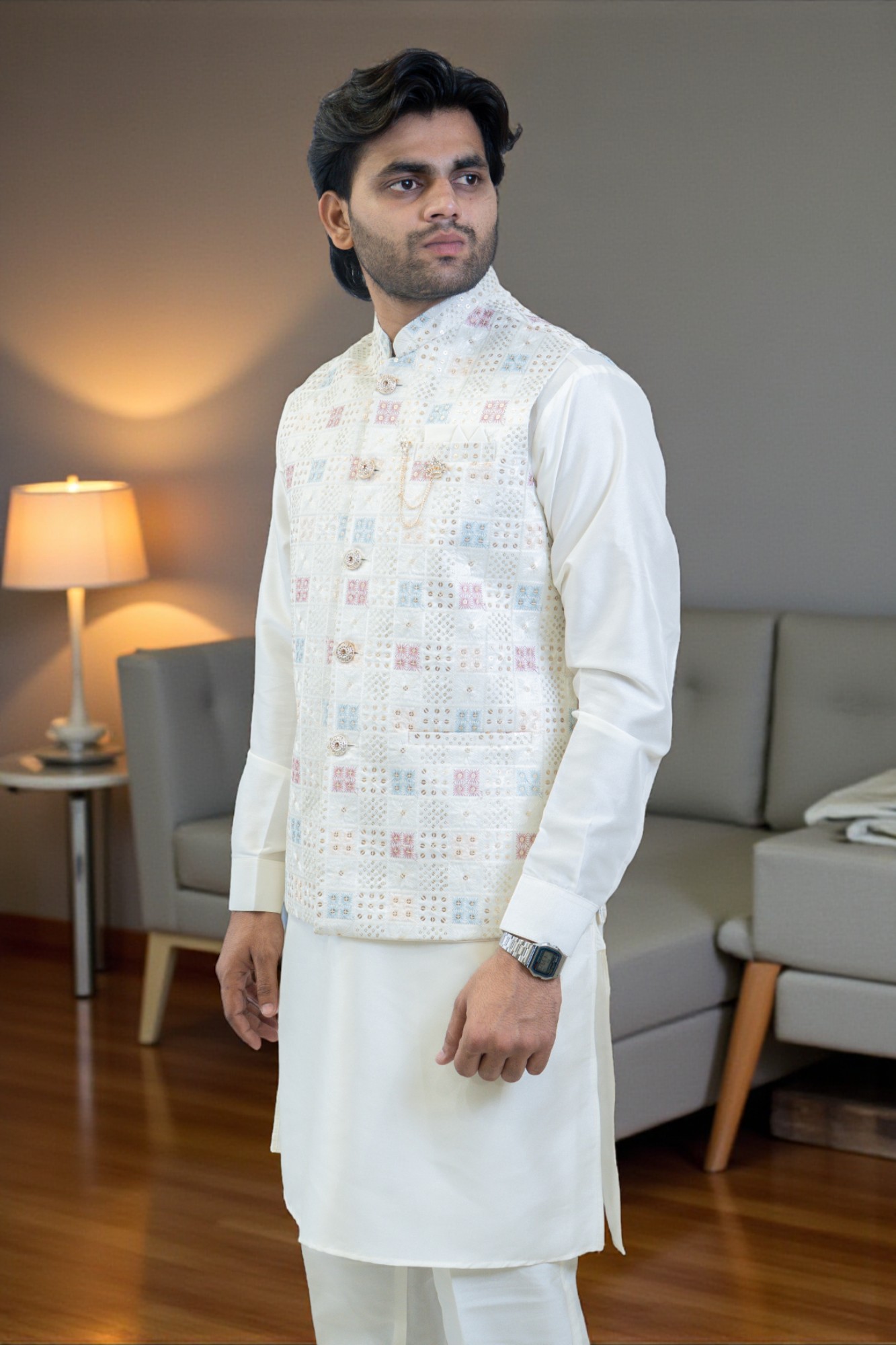 Designer Off-White Kurta Jacket Set for Men