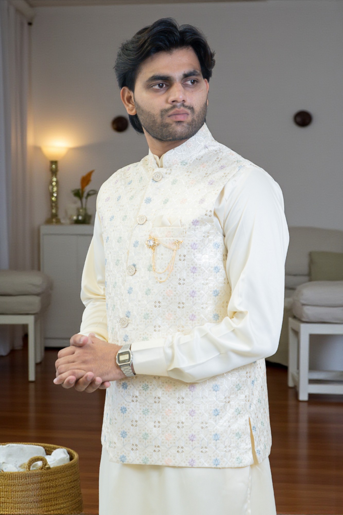 Off-White Kurta with Multi-Color Thread Work Jacket – Regular Fit