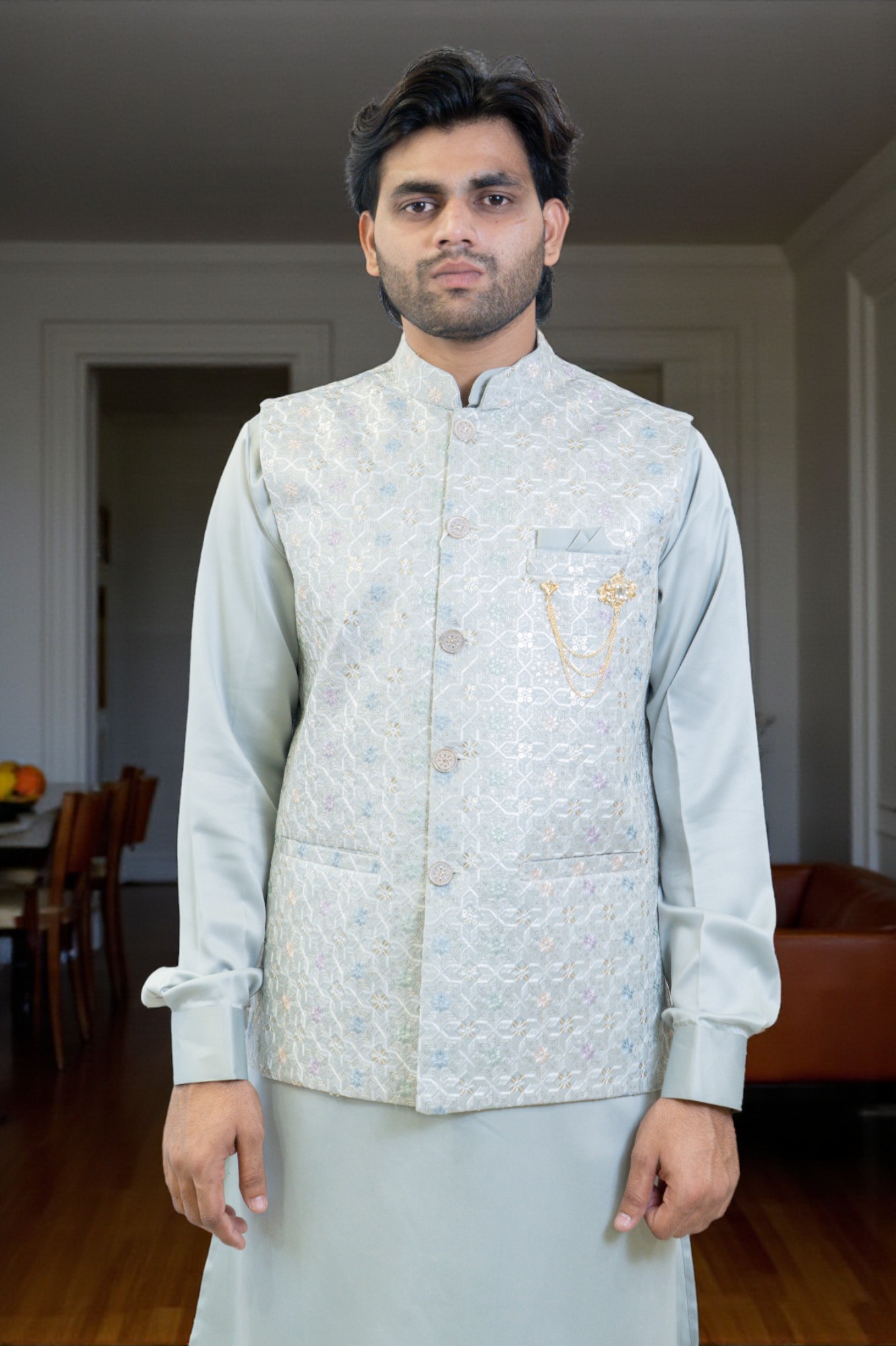 Sky Blue Kurta with Multi-Color Thread Work Jacket – Regular Fit - Image 4