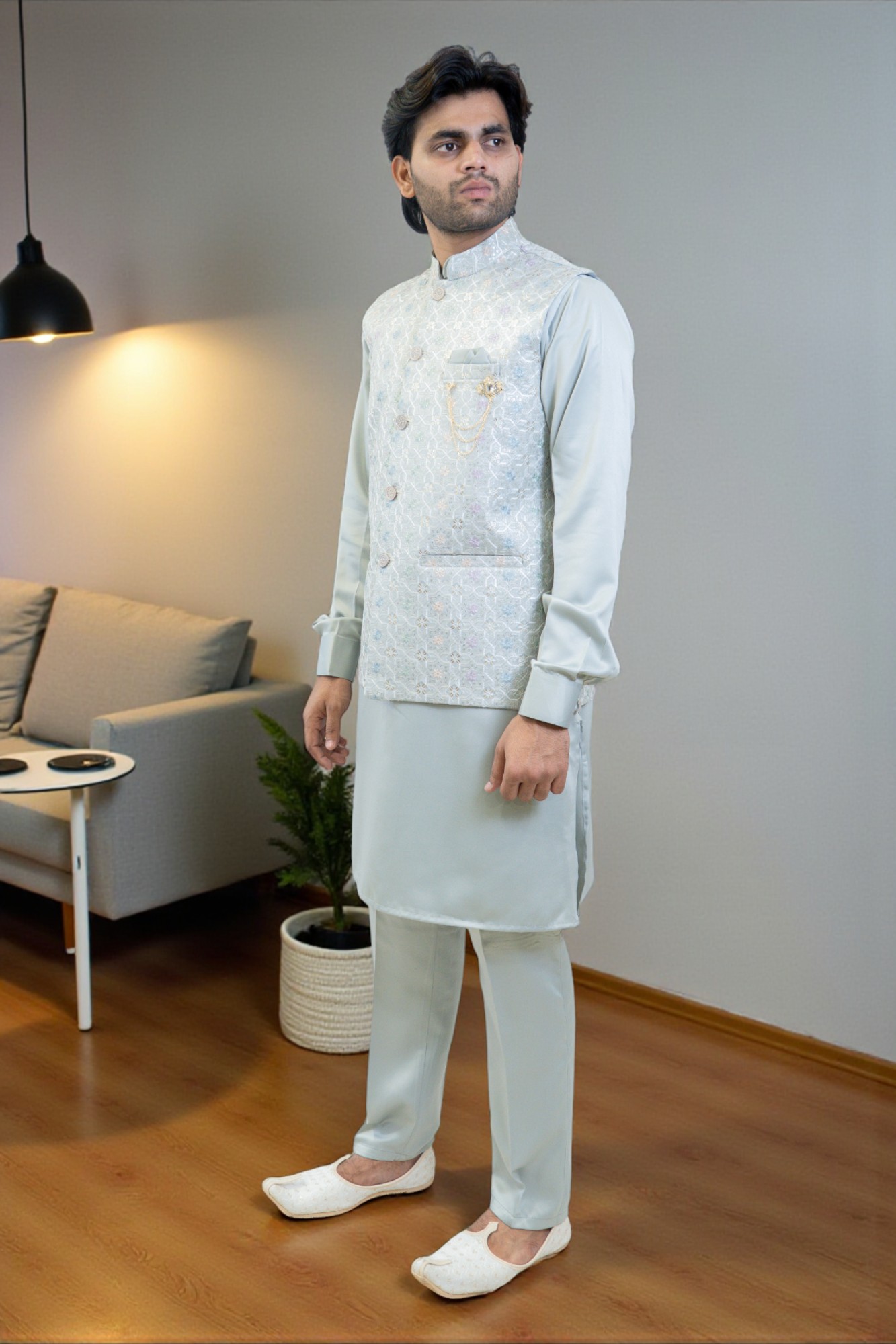 Sky Blue Kurta with Multi-Color Thread Work Jacket – Regular Fit - Image 2