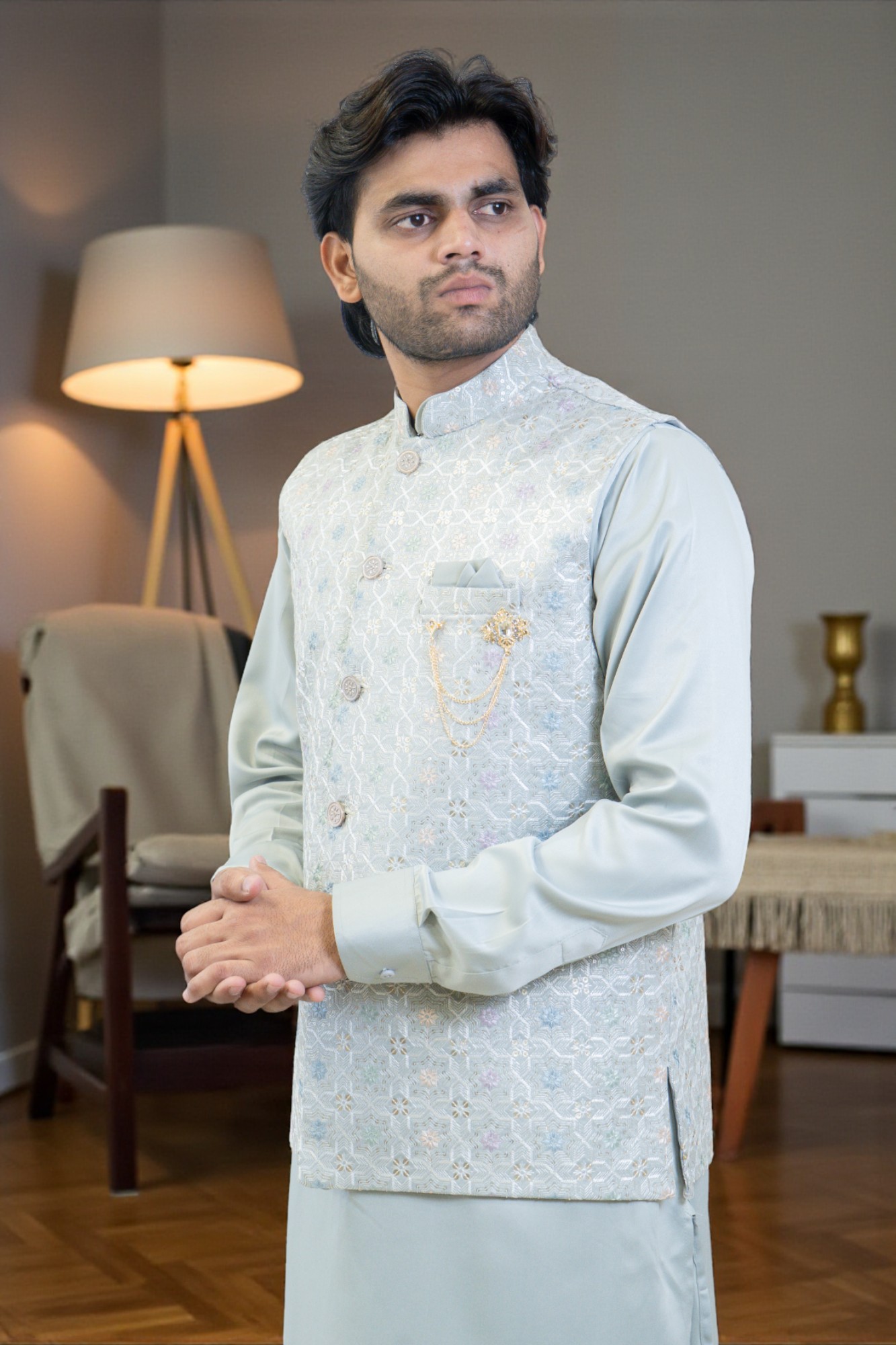 Sky Blue Kurta with Multi-Color Thread Work Jacket – Regular Fit