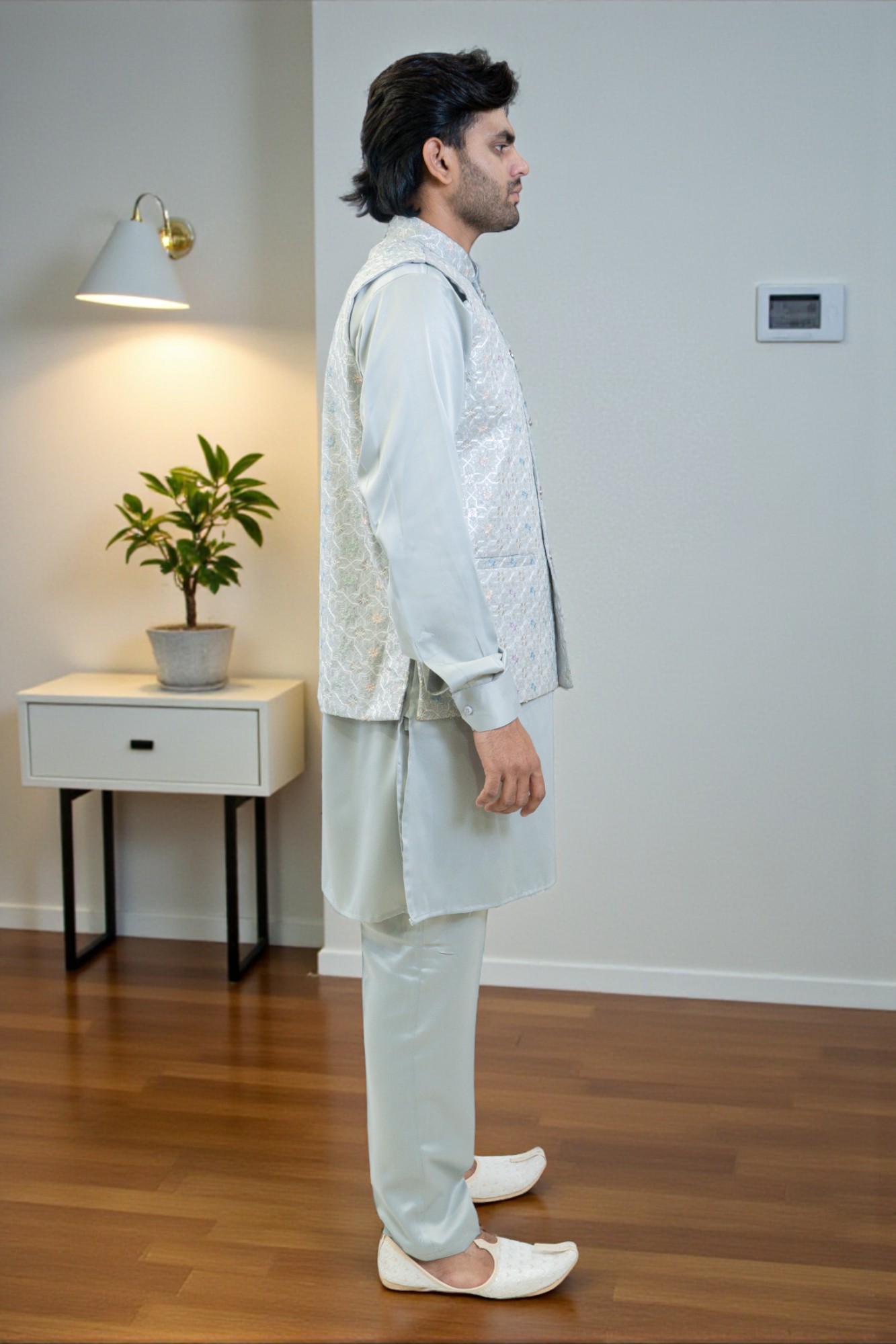 Sky Blue Kurta with Multi-Color Thread Work Jacket – Regular Fit - Image 3
