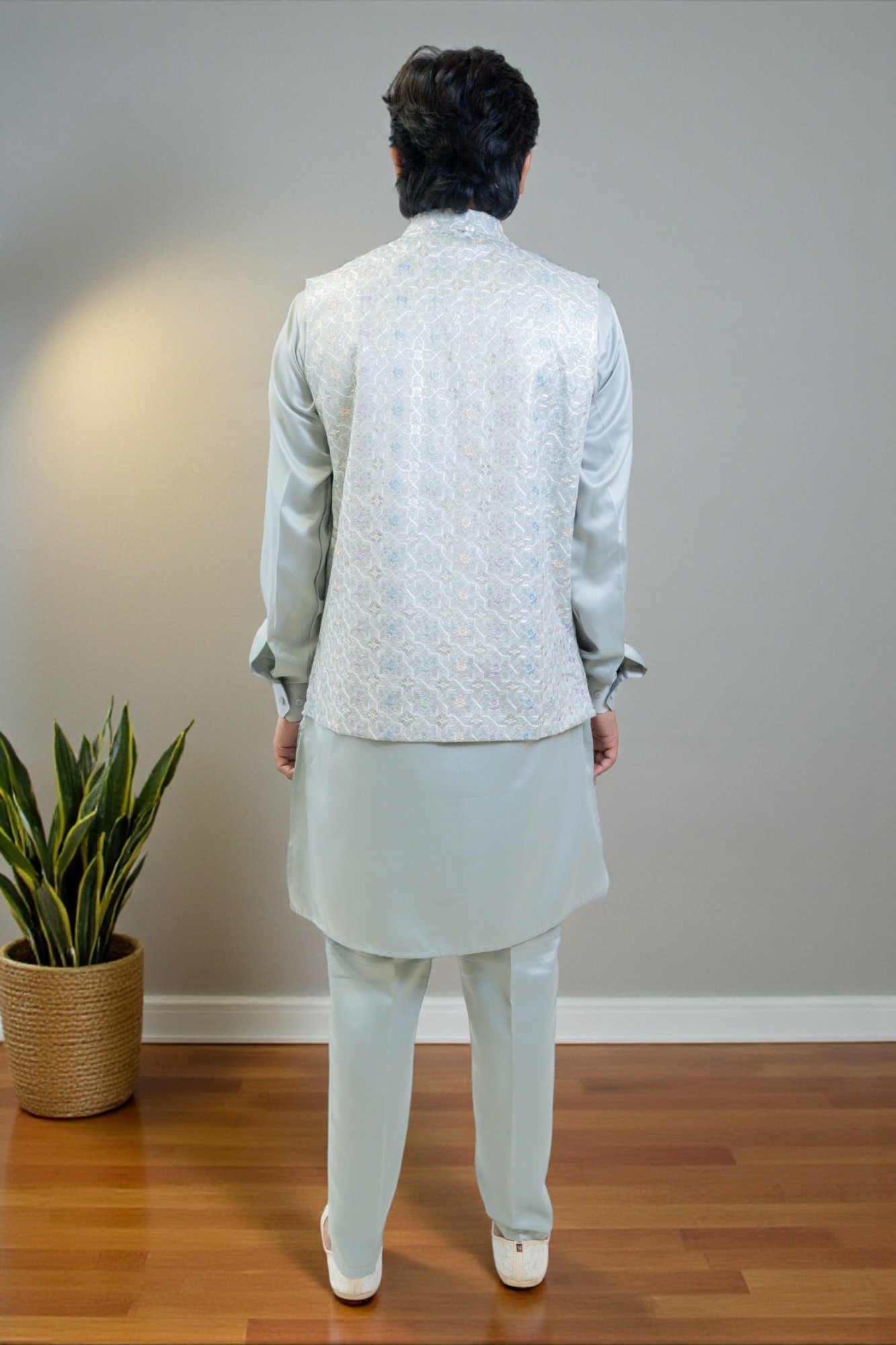 Sky Blue Kurta with Multi-Color Thread Work Jacket – Regular Fit - Image 5