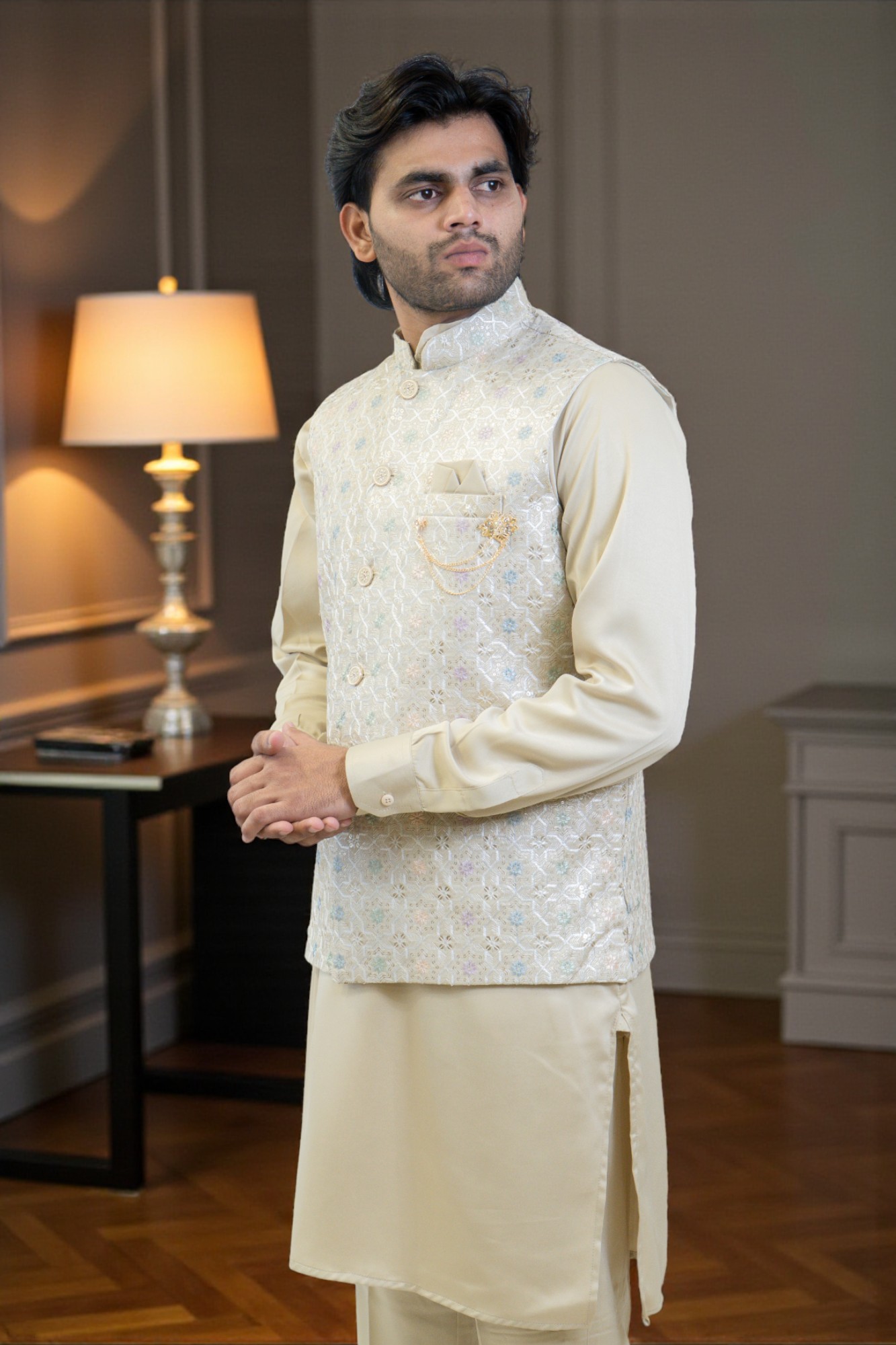 Golden Kurta with Multi-Color Thread Work Jacket – Regular Fit
