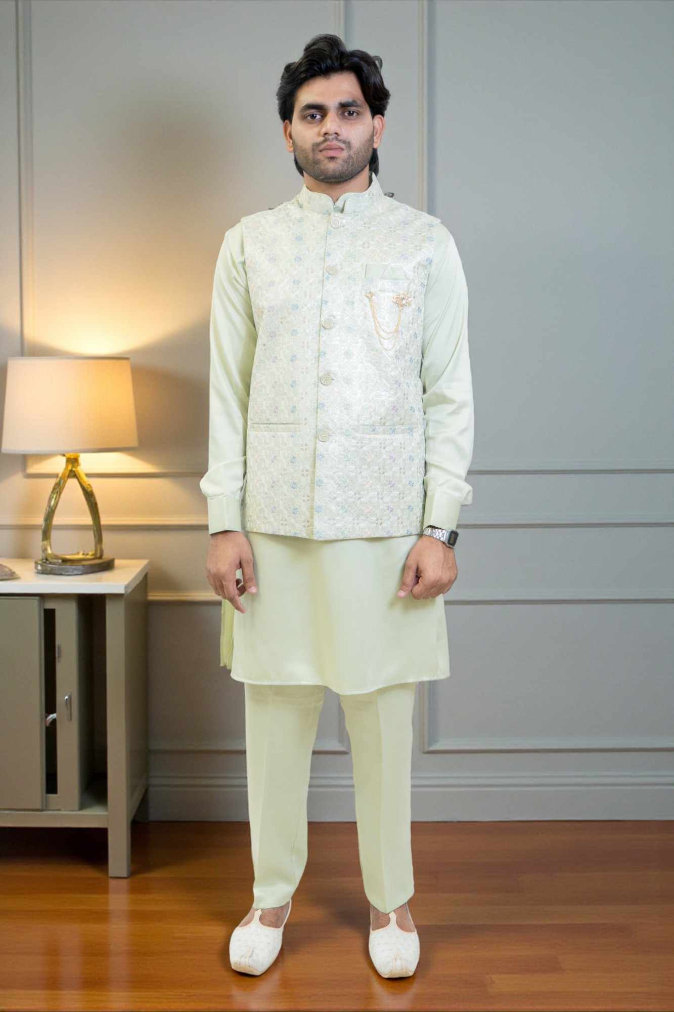 Light Green Kurta with Multi-Color Thread Work Jacket - Image 2