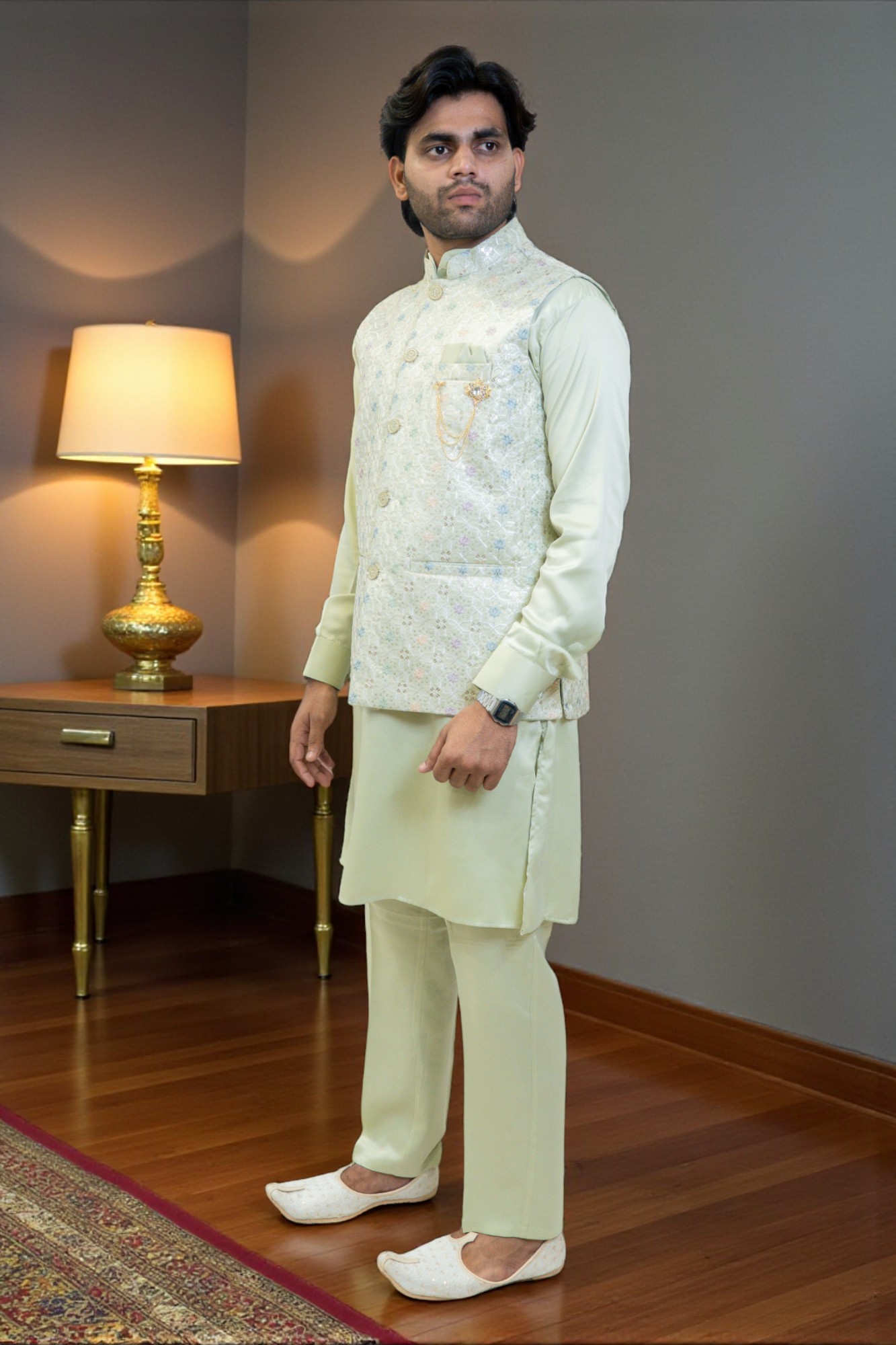 Light Green Kurta with Multi-Color Thread Work Jacket - Image 4