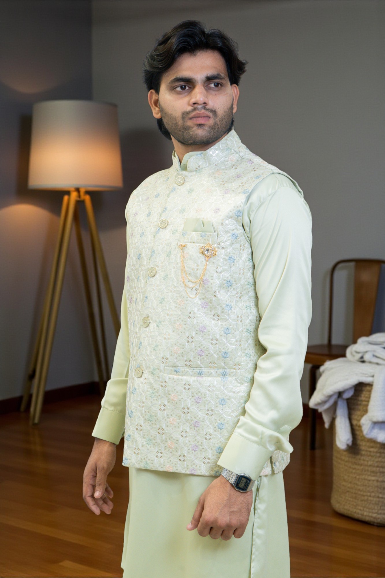 Light Green Kurta with Multi-Color Thread Work Jacket