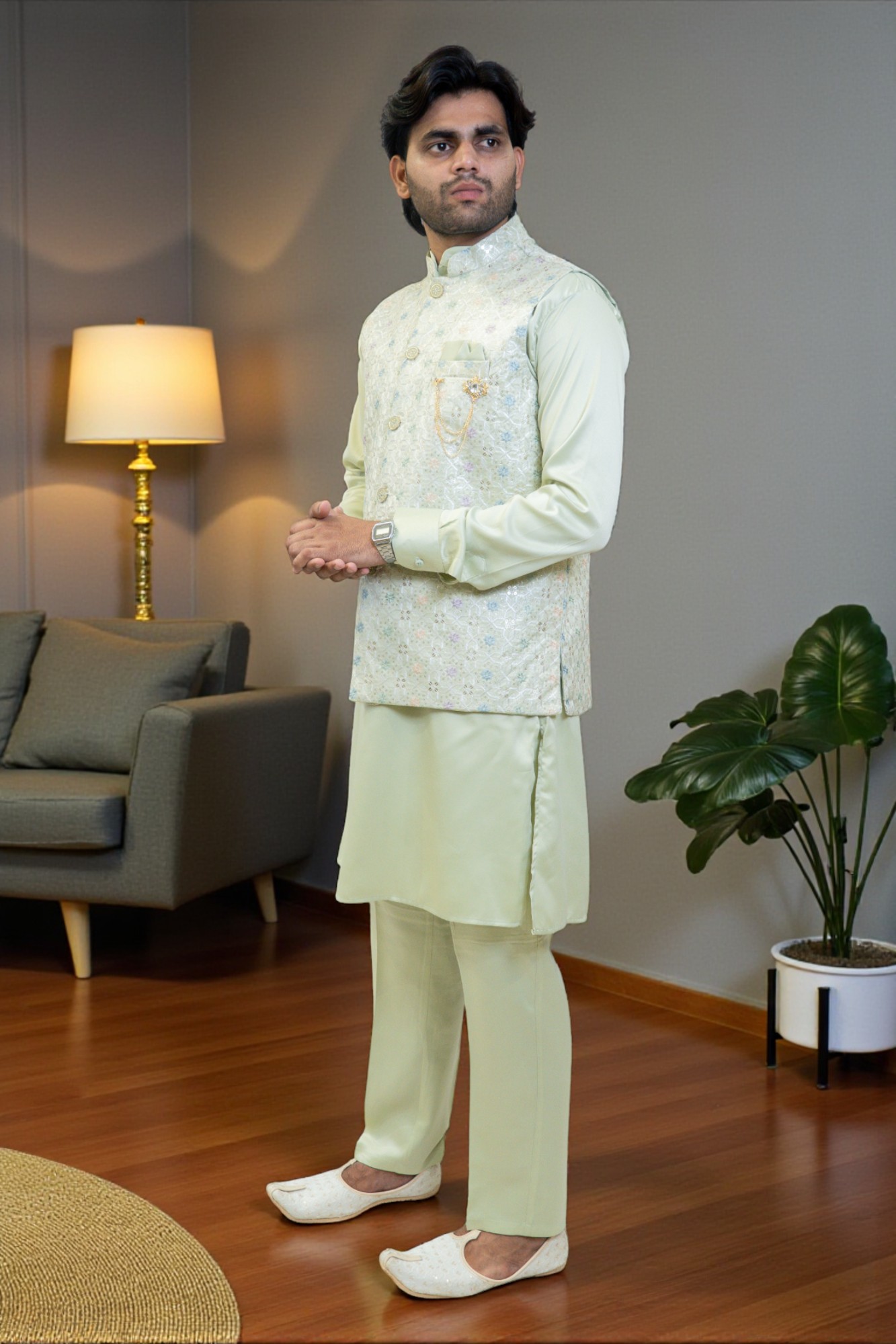 Light Green Kurta with Multi-Color Thread Work Jacket - Image 3