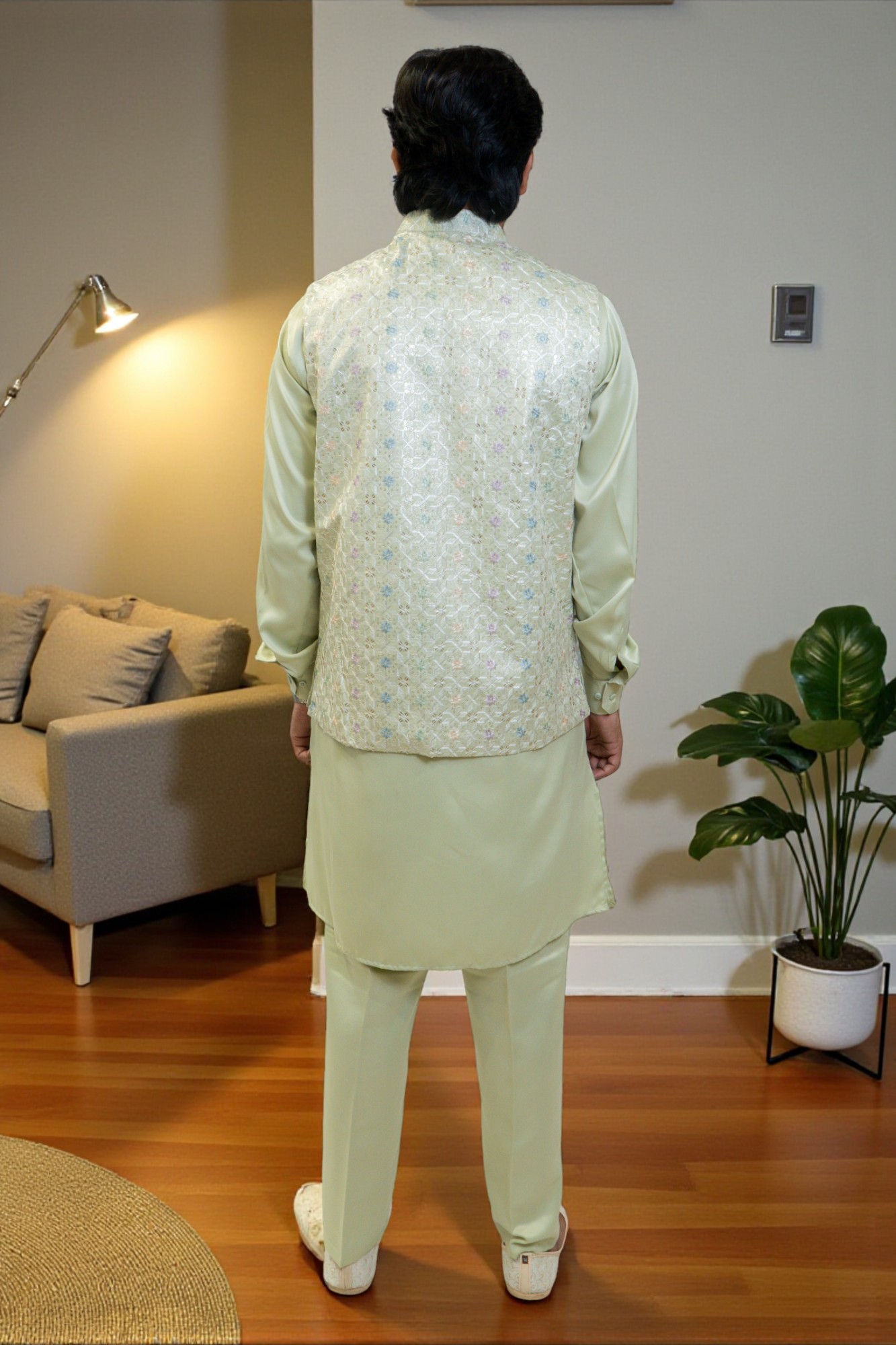 Light Green Kurta with Multi-Color Thread Work Jacket - Image 5