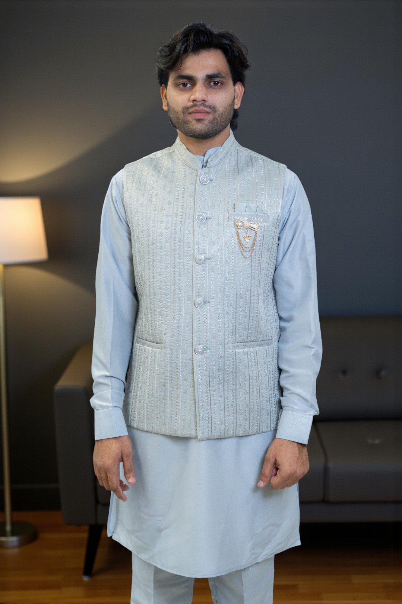 Sky Blue Kurta with Thread Work Jacket - Image 3