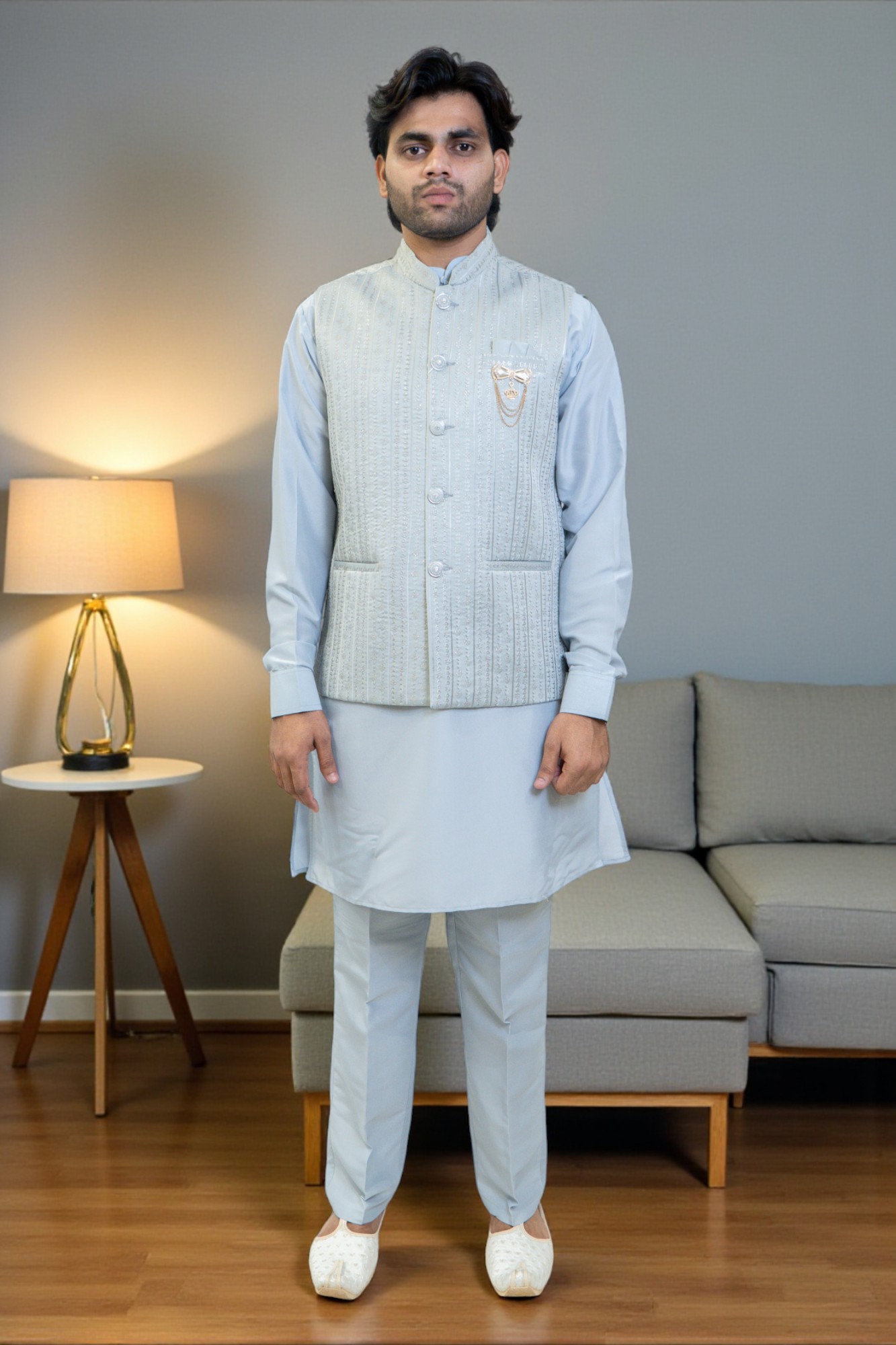Sky Blue Kurta with Thread Work Jacket - Image 2