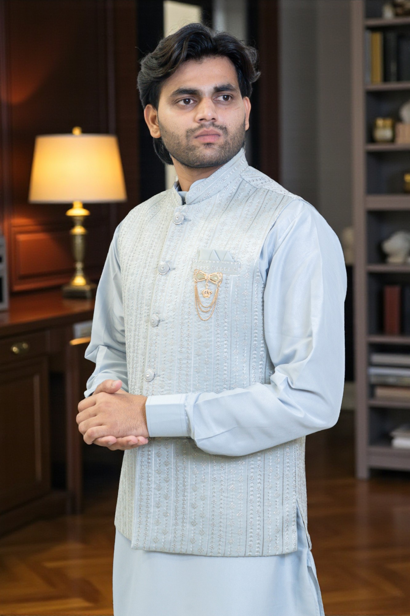 Sky Blue Kurta with Thread Work Jacket