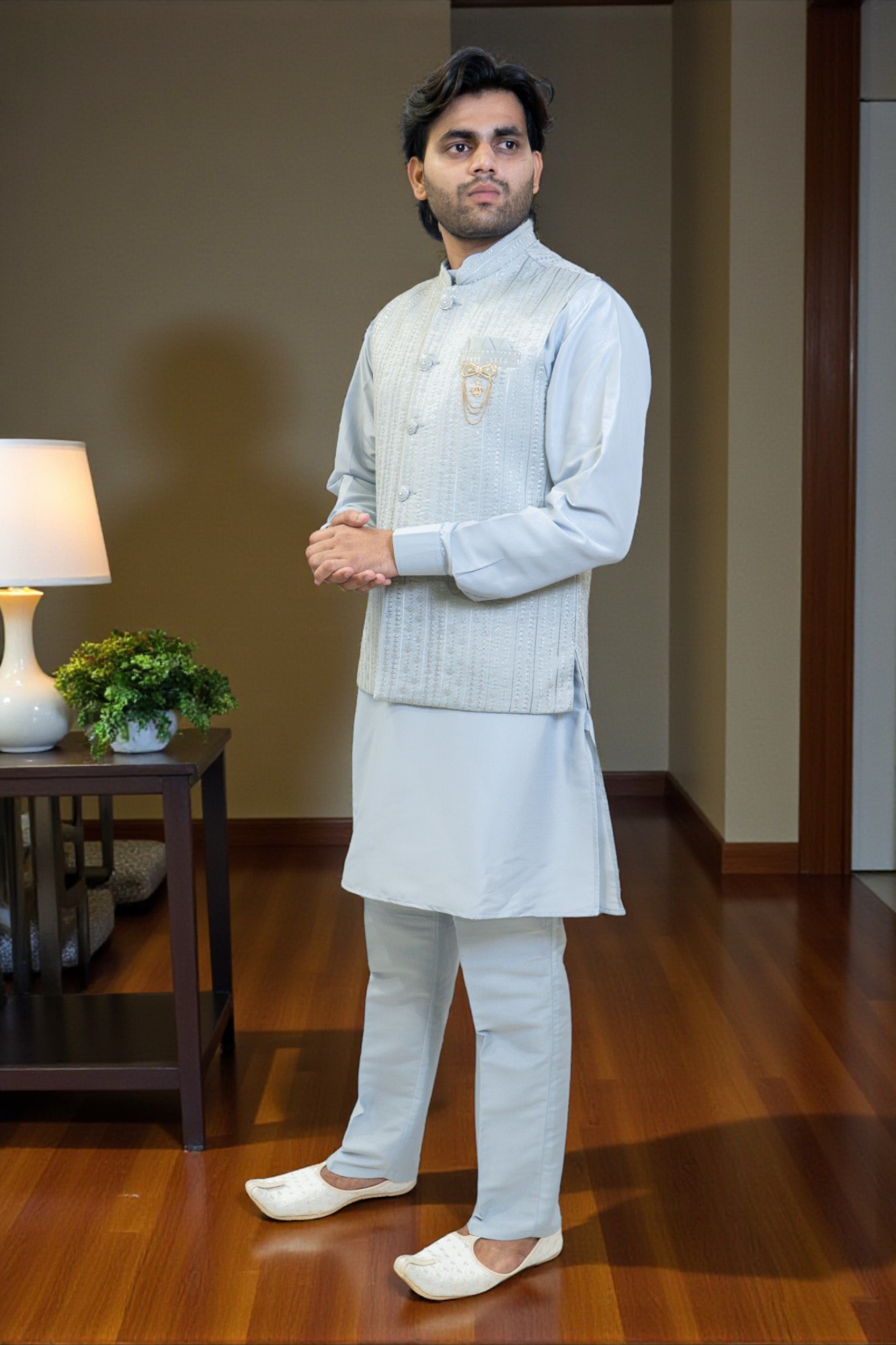 Sky Blue Kurta with Thread Work Jacket - Image 4