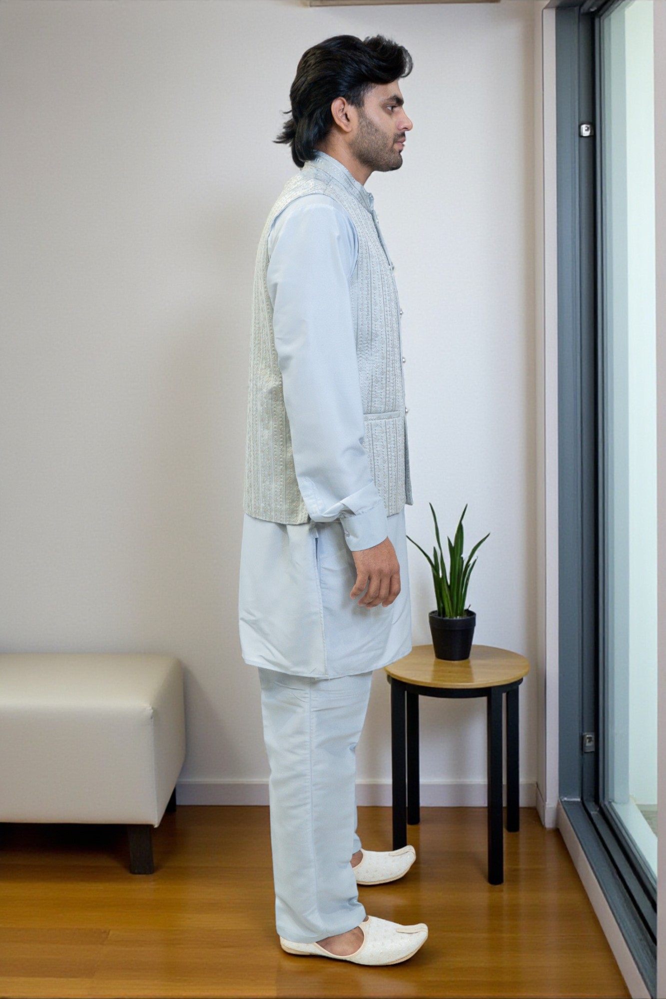 Sky Blue Kurta with Thread Work Jacket - Image 5