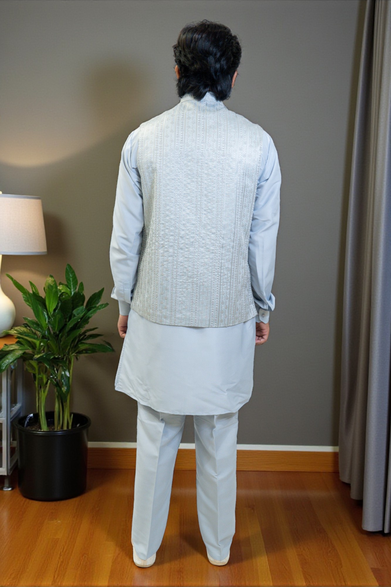 Sky Blue Kurta with Thread Work Jacket - Image 6