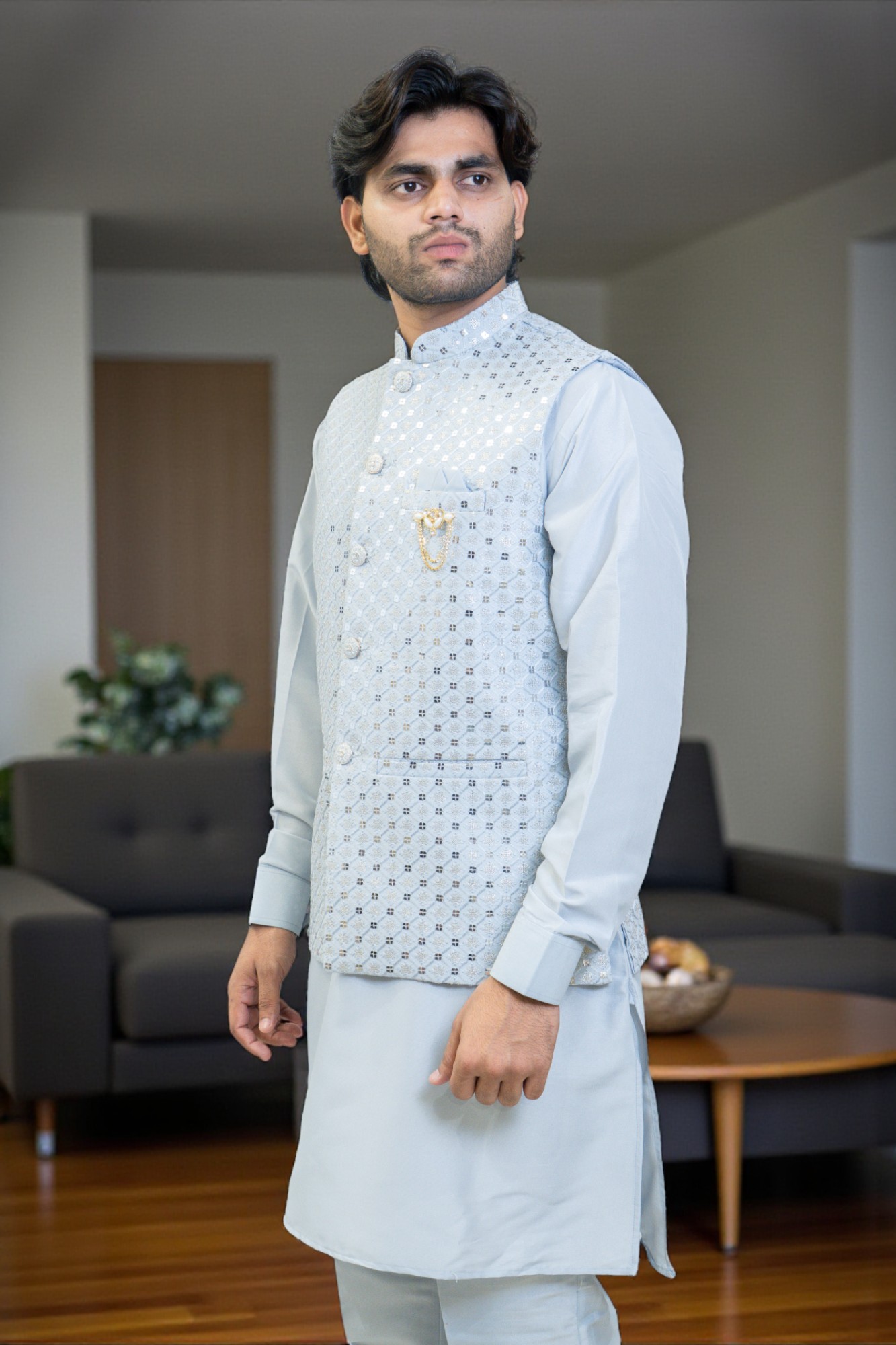 Sky Blue Kurta with Sequin Work Jacket