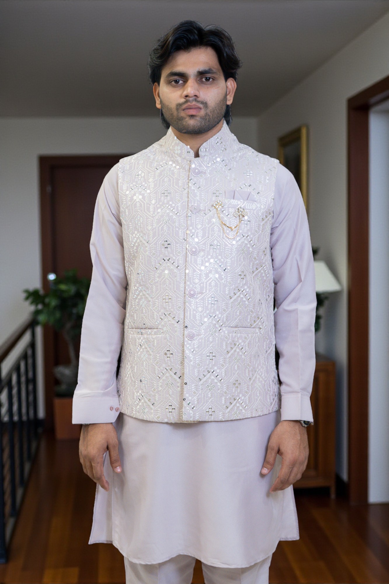 Lavender Kurta with Sequined Jacket - Image 3