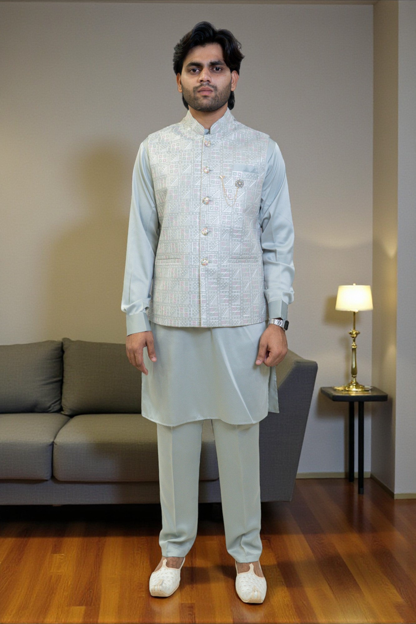 Kurta with Multi-Design Embroidered Short Jacket - Image 3