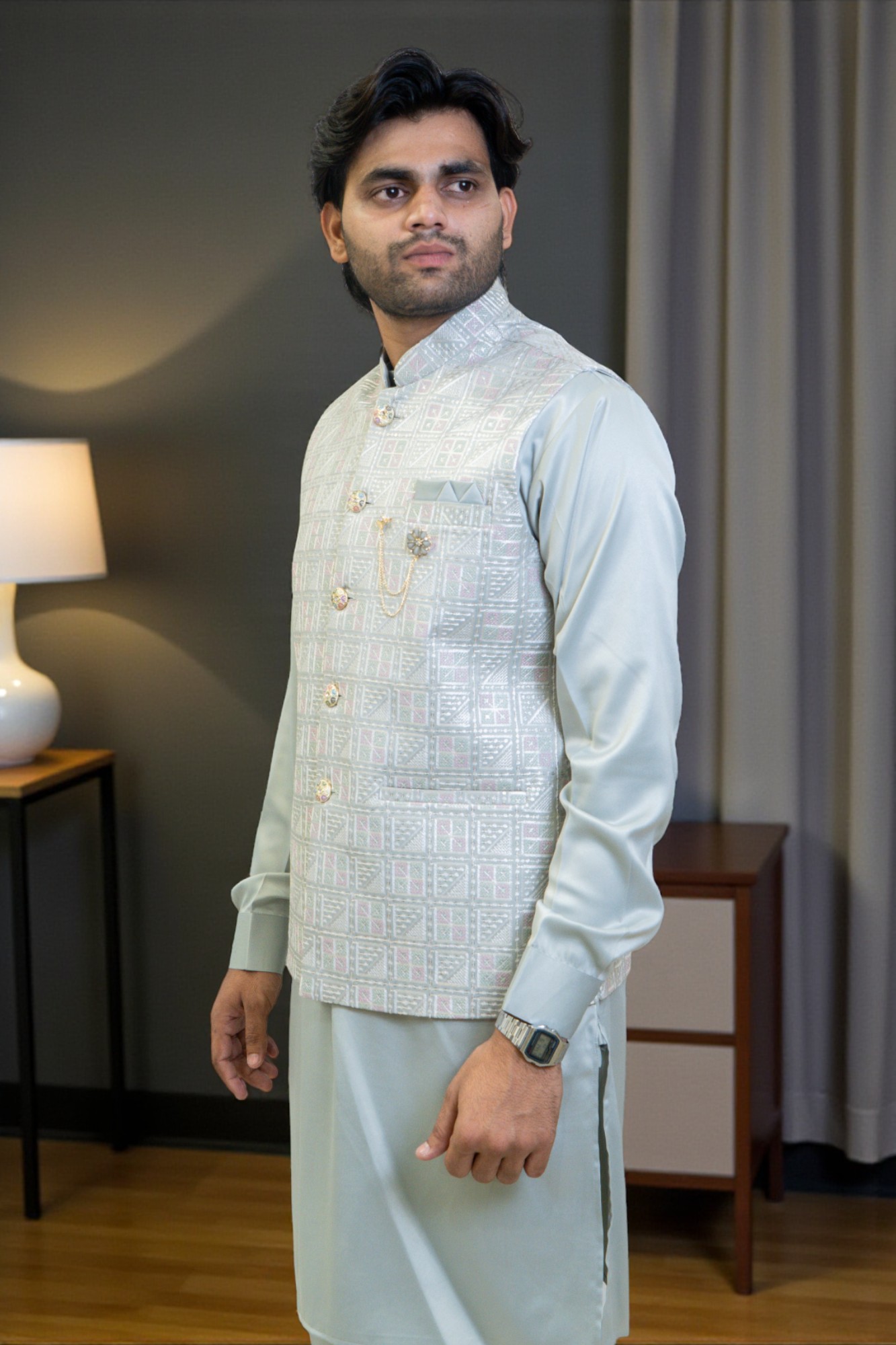 Kurta with Multi-Design Embroidered Short Jacket