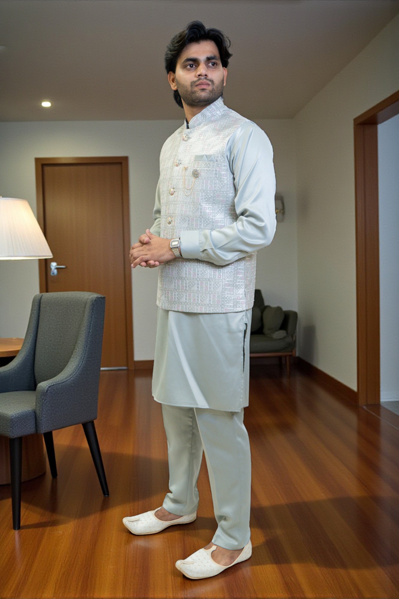 Kurta with Multi-Design Embroidered Short Jacket - Image 2