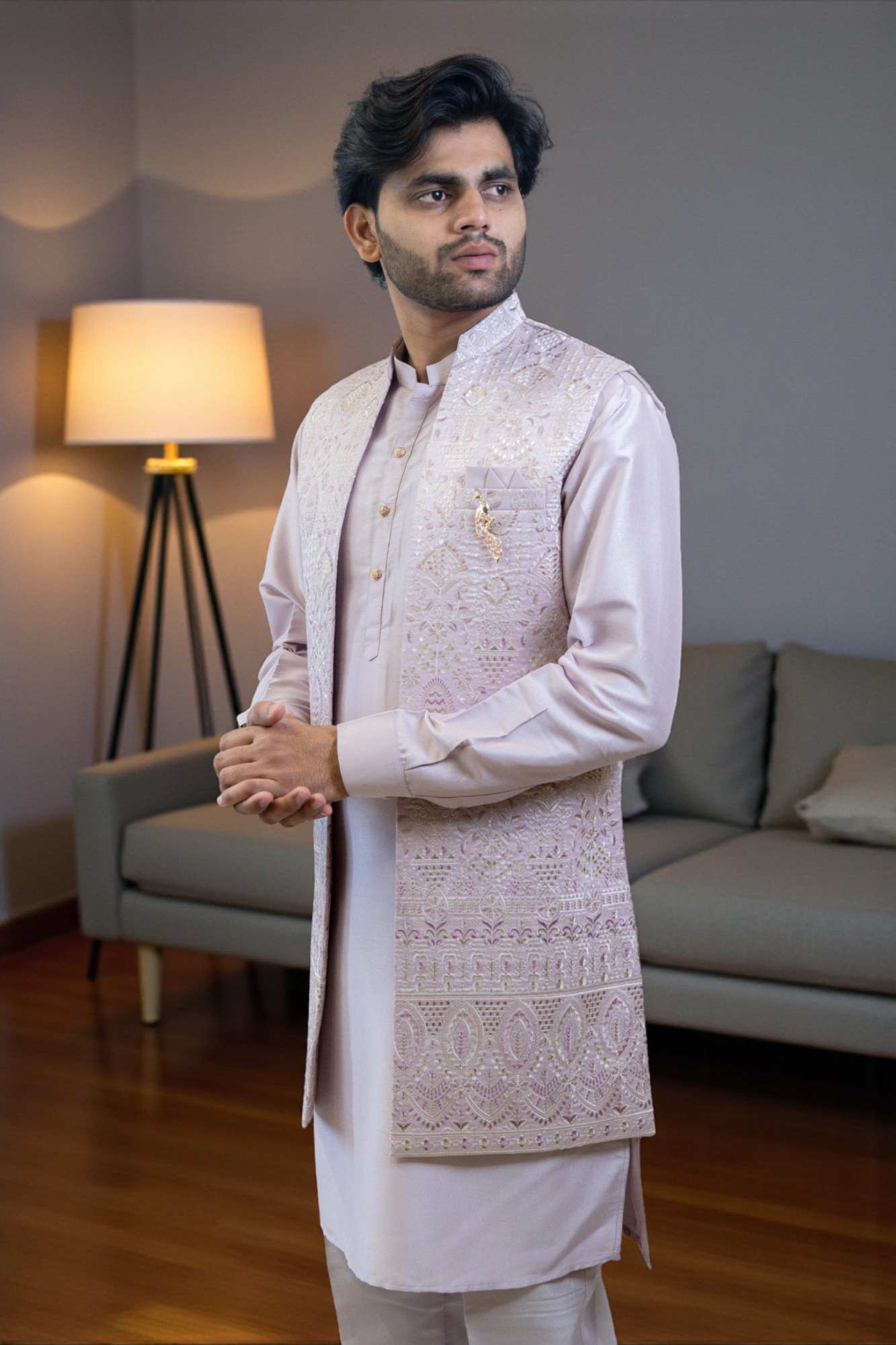 Lavender Kurta Jacket Set for Men – Sharq-Style Embroidery & Thread Work
