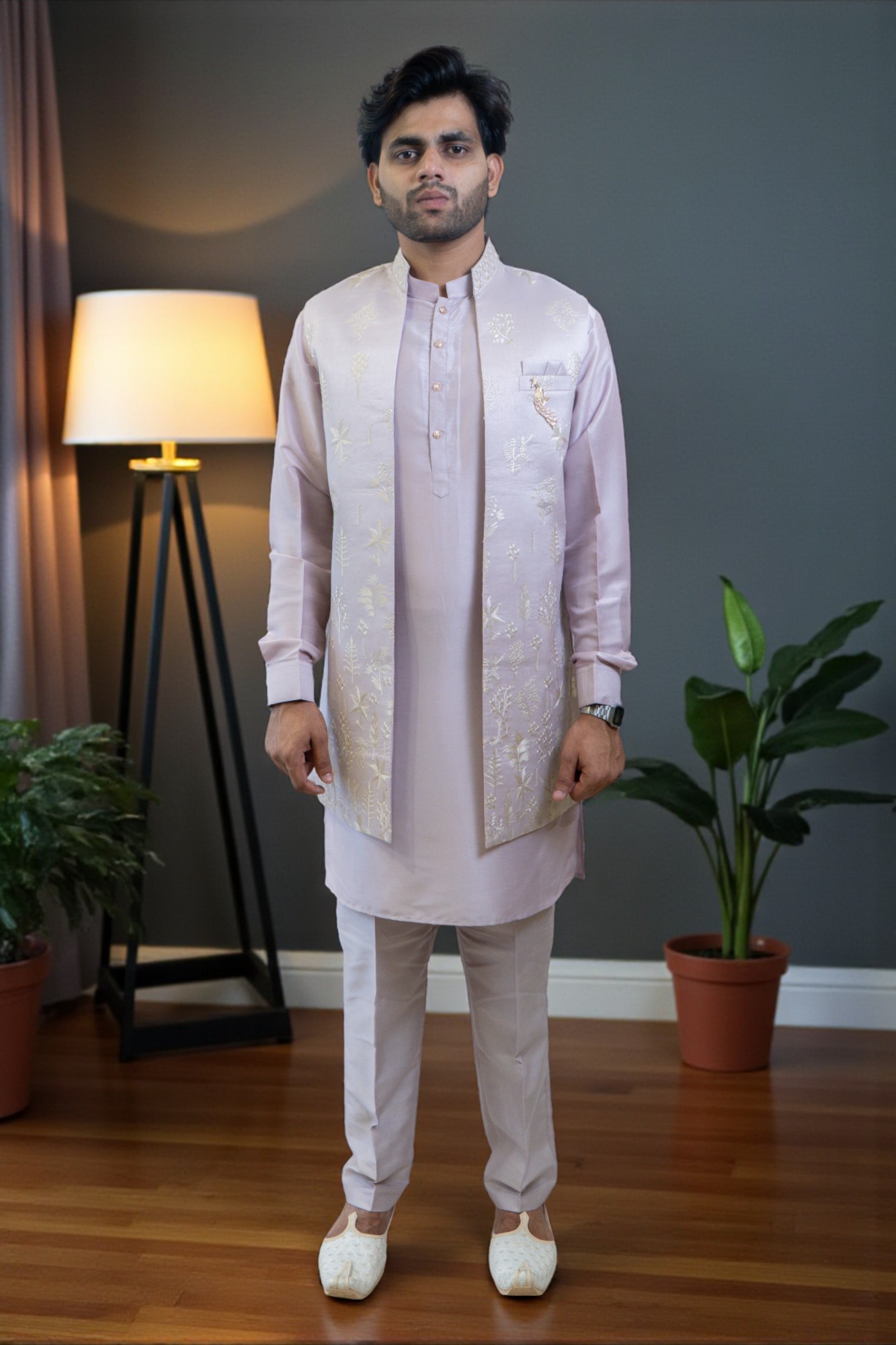 Lavender Embroidered Kurta Jacket Set for Men - Image 2