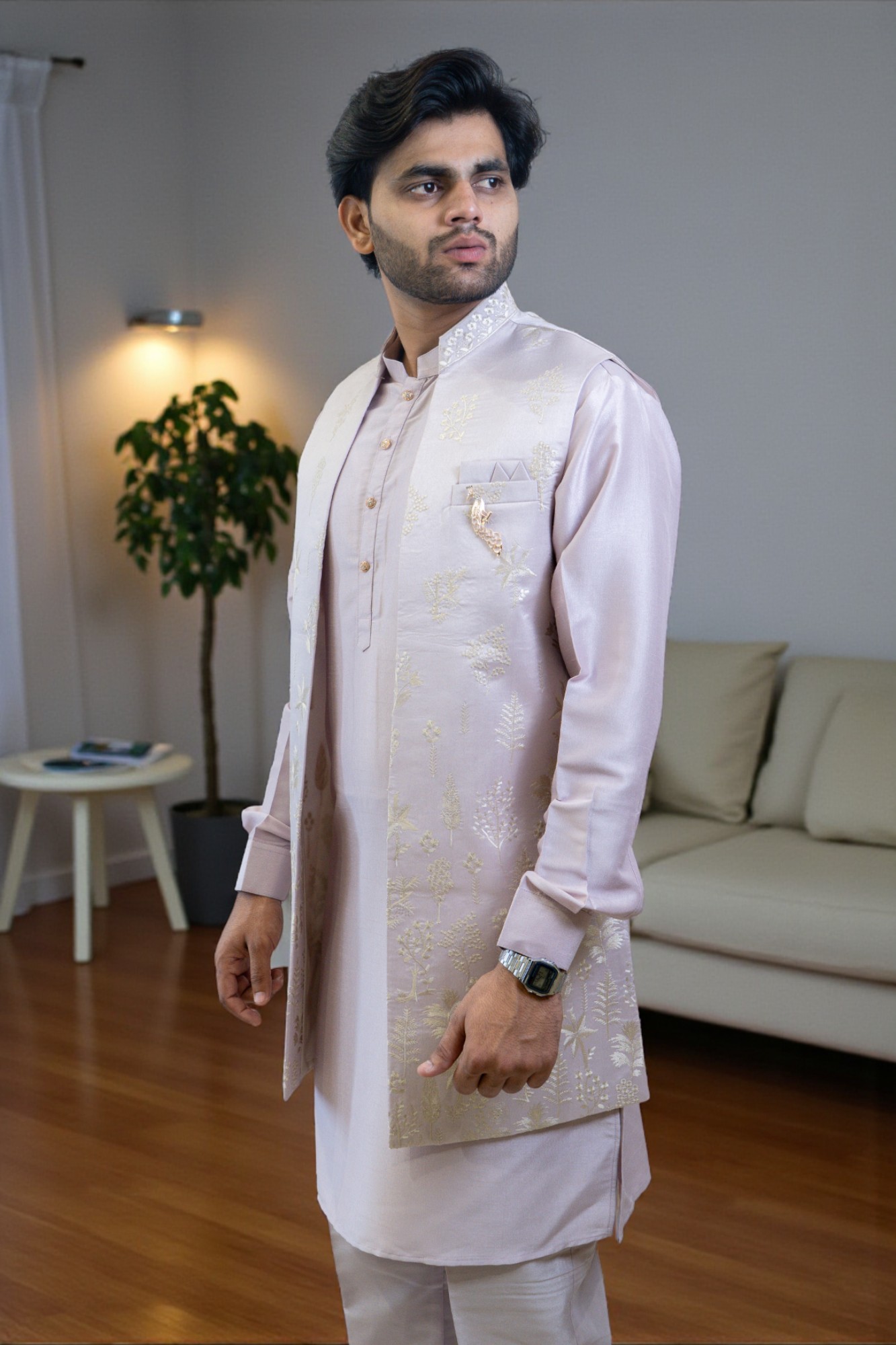 Lavender Embroidered Kurta Jacket Set for Men