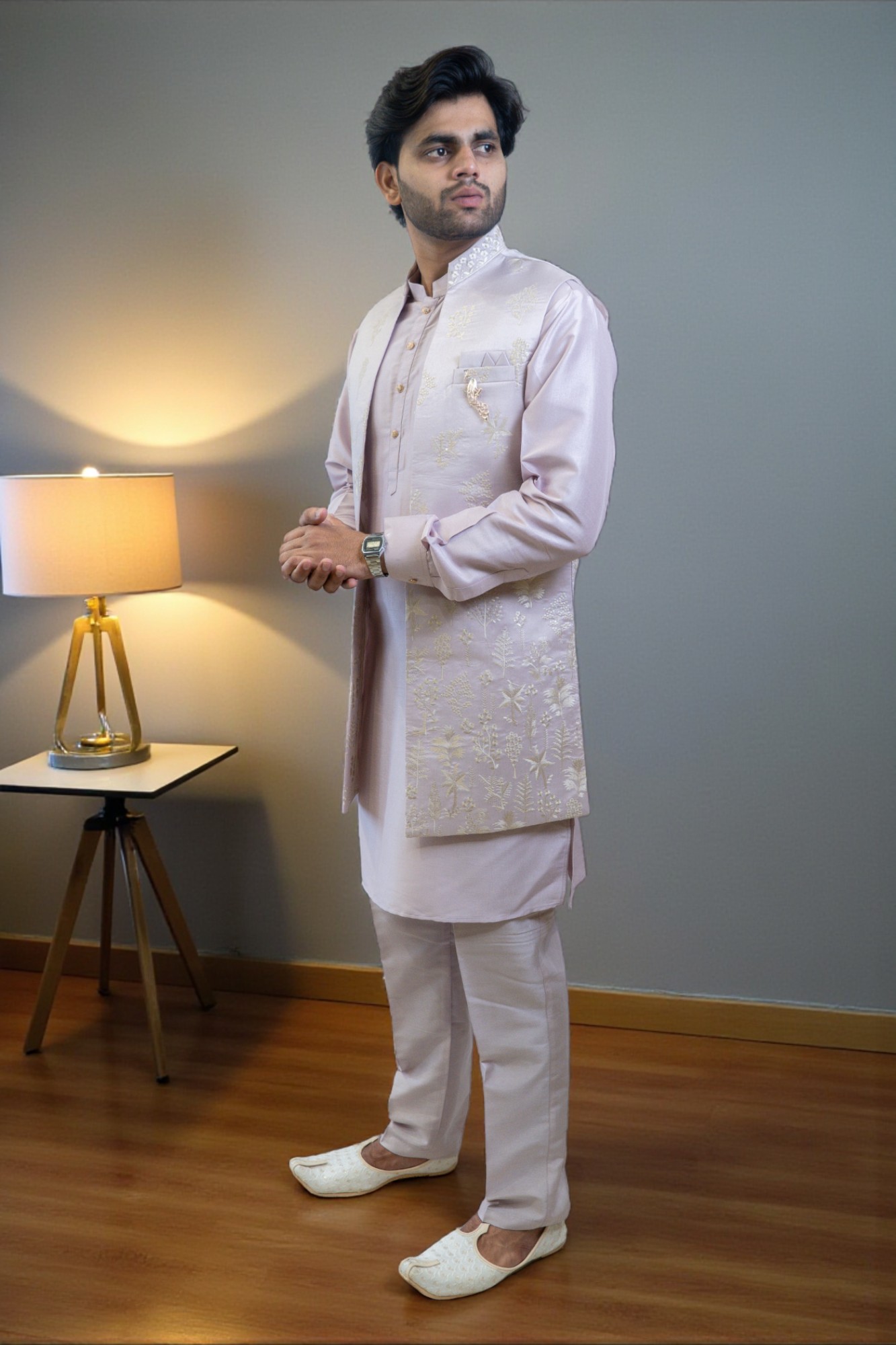 Lavender Embroidered Kurta Jacket Set for Men - Image 3