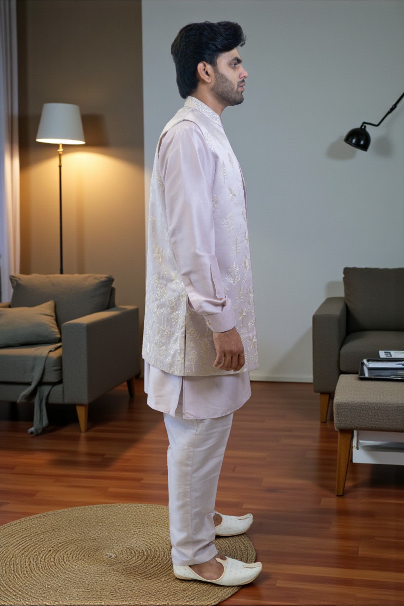Lavender Embroidered Kurta Jacket Set for Men - Image 4