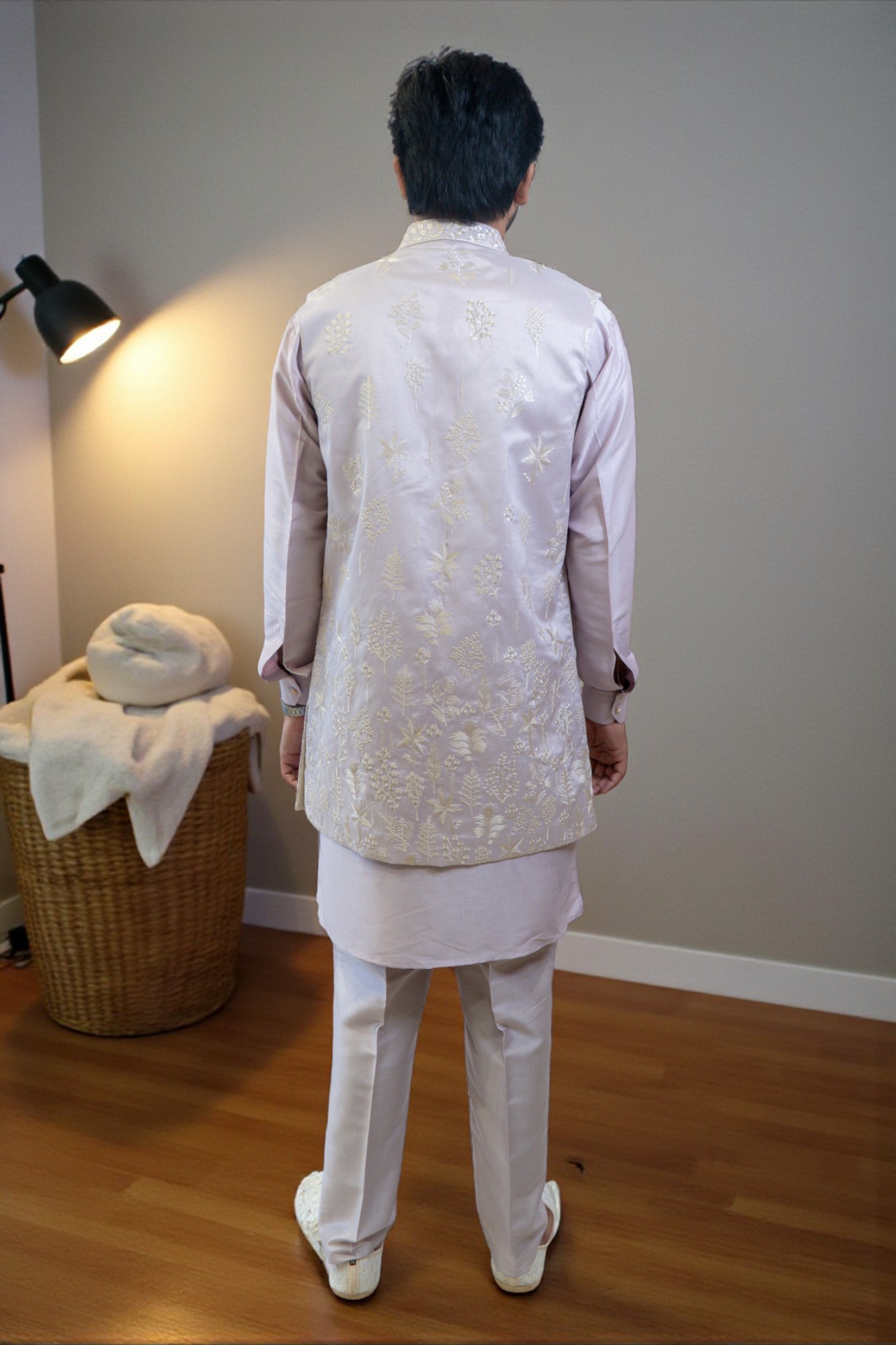 Lavender Embroidered Kurta Jacket Set for Men - Image 6