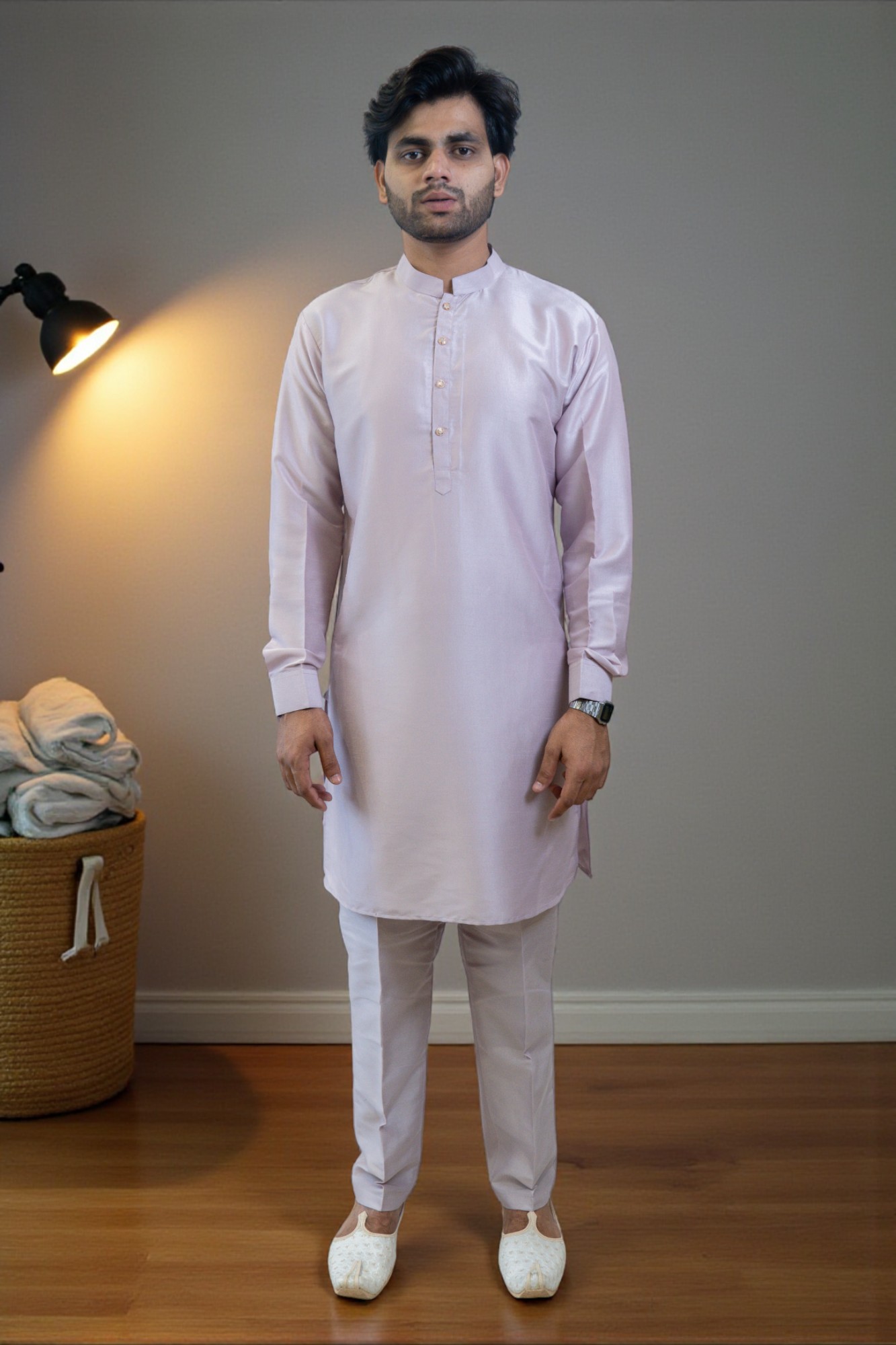 Lavender Embroidered Kurta Jacket Set for Men - Image 5