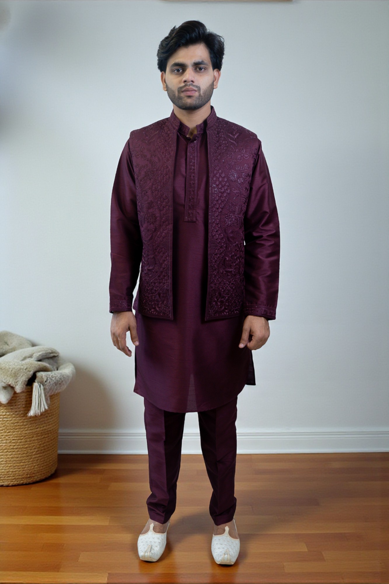 Wine Color Kurta Jacket Set with Full Embroidery - Image 3