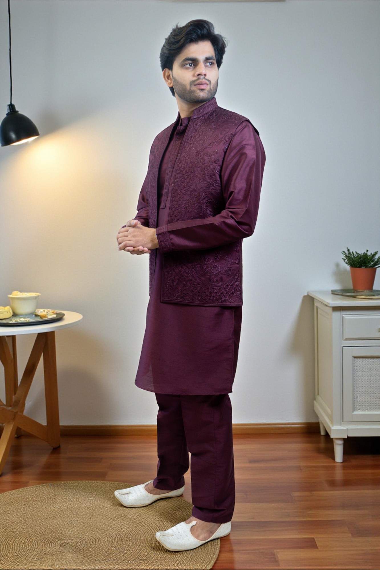 Wine Color Kurta Jacket Set with Full Embroidery - Image 2