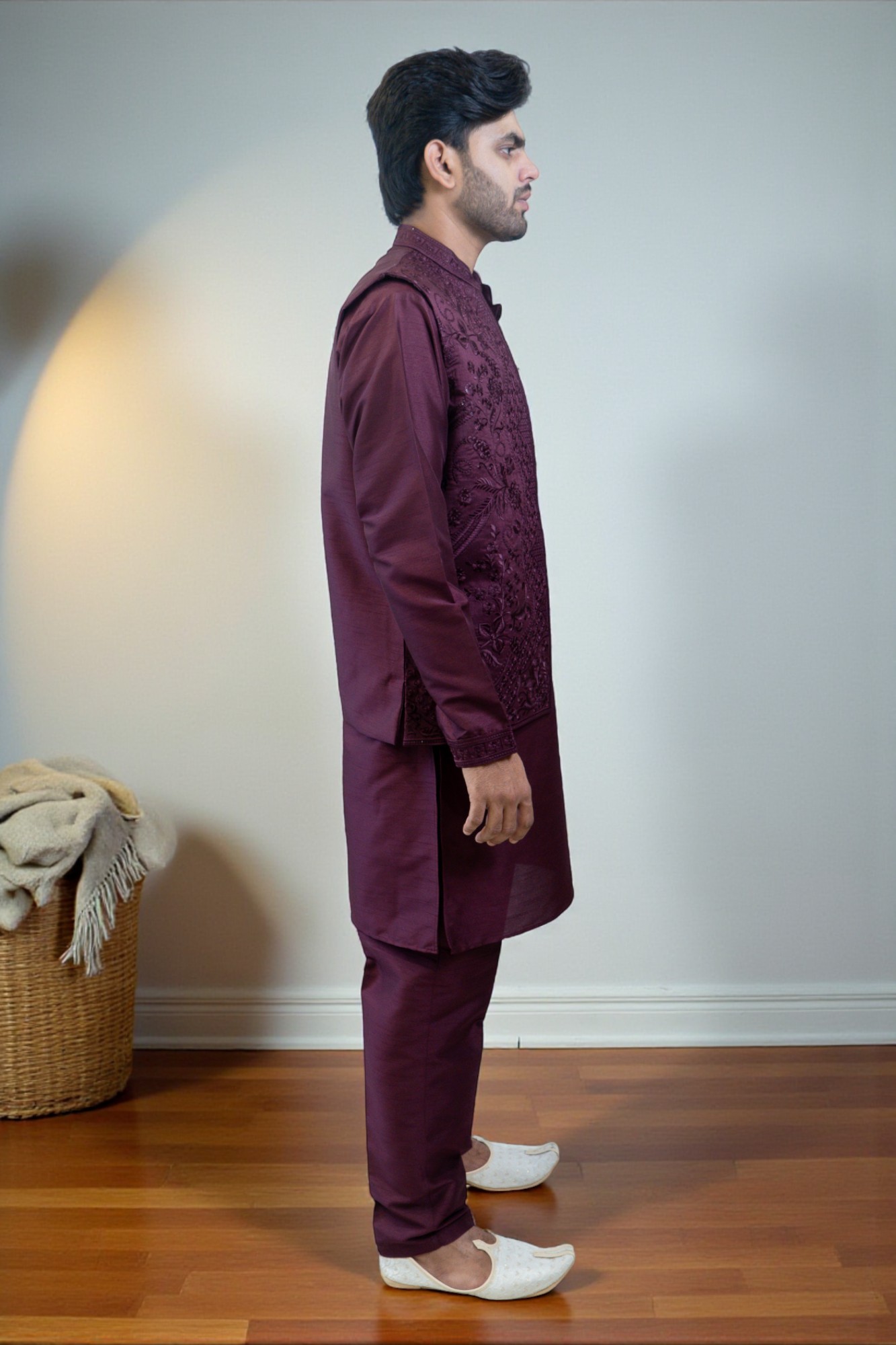 Wine Color Kurta Jacket Set with Full Embroidery - Image 4