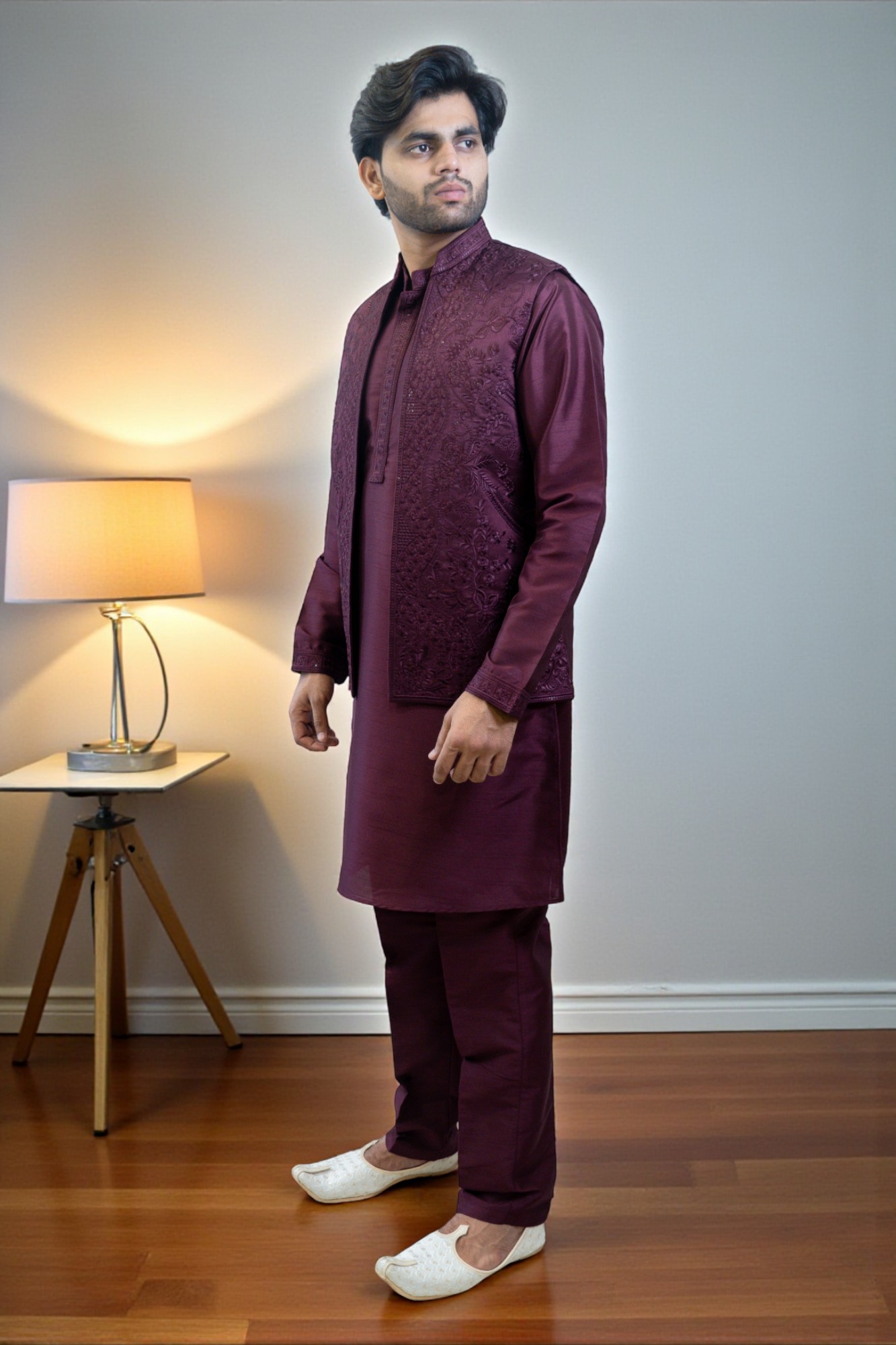 Wine Color Kurta Jacket Set with Full Embroidery - Image 5