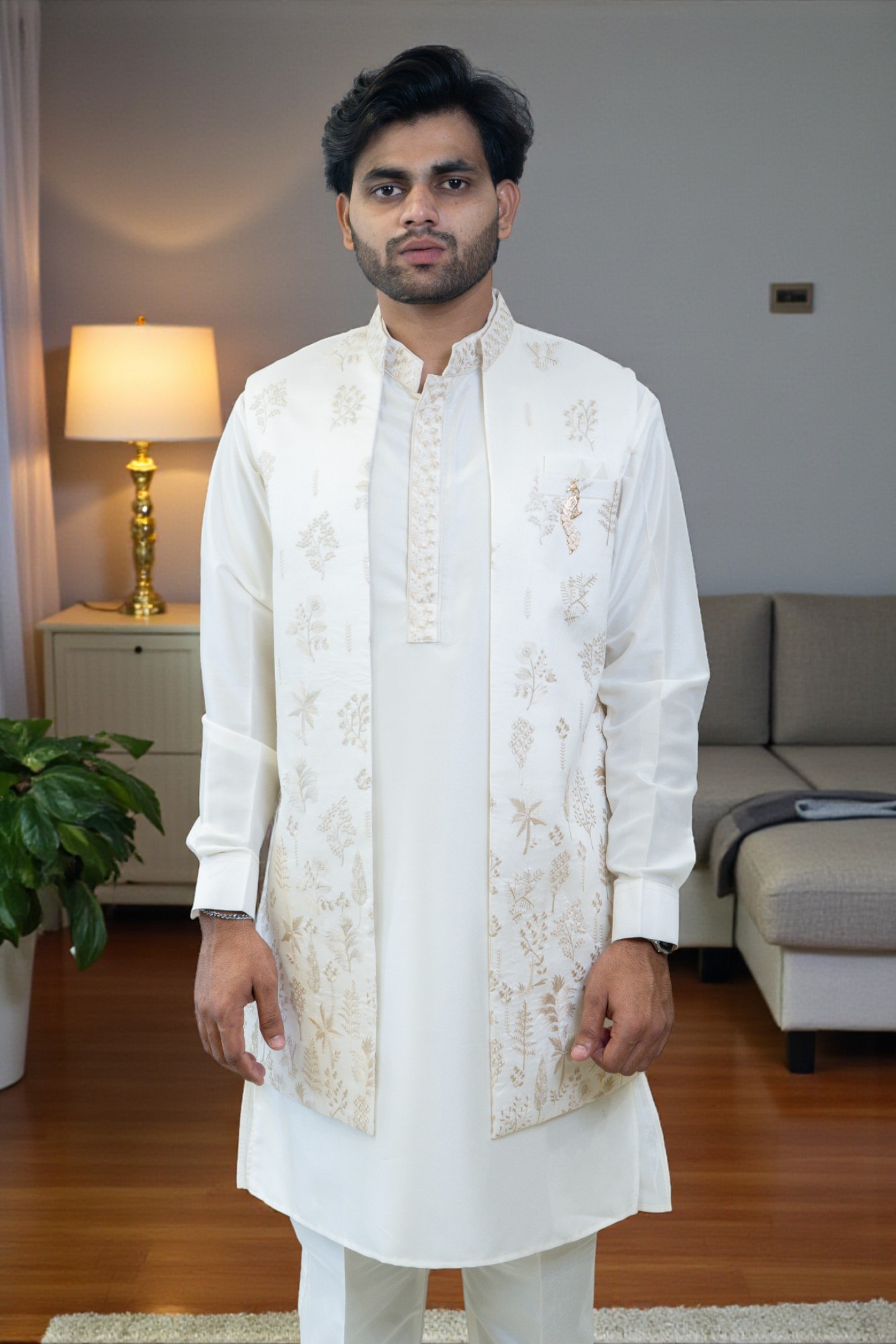 Off-White Kurta Jacket Set for Men – Golden Embroidery Sharq Style