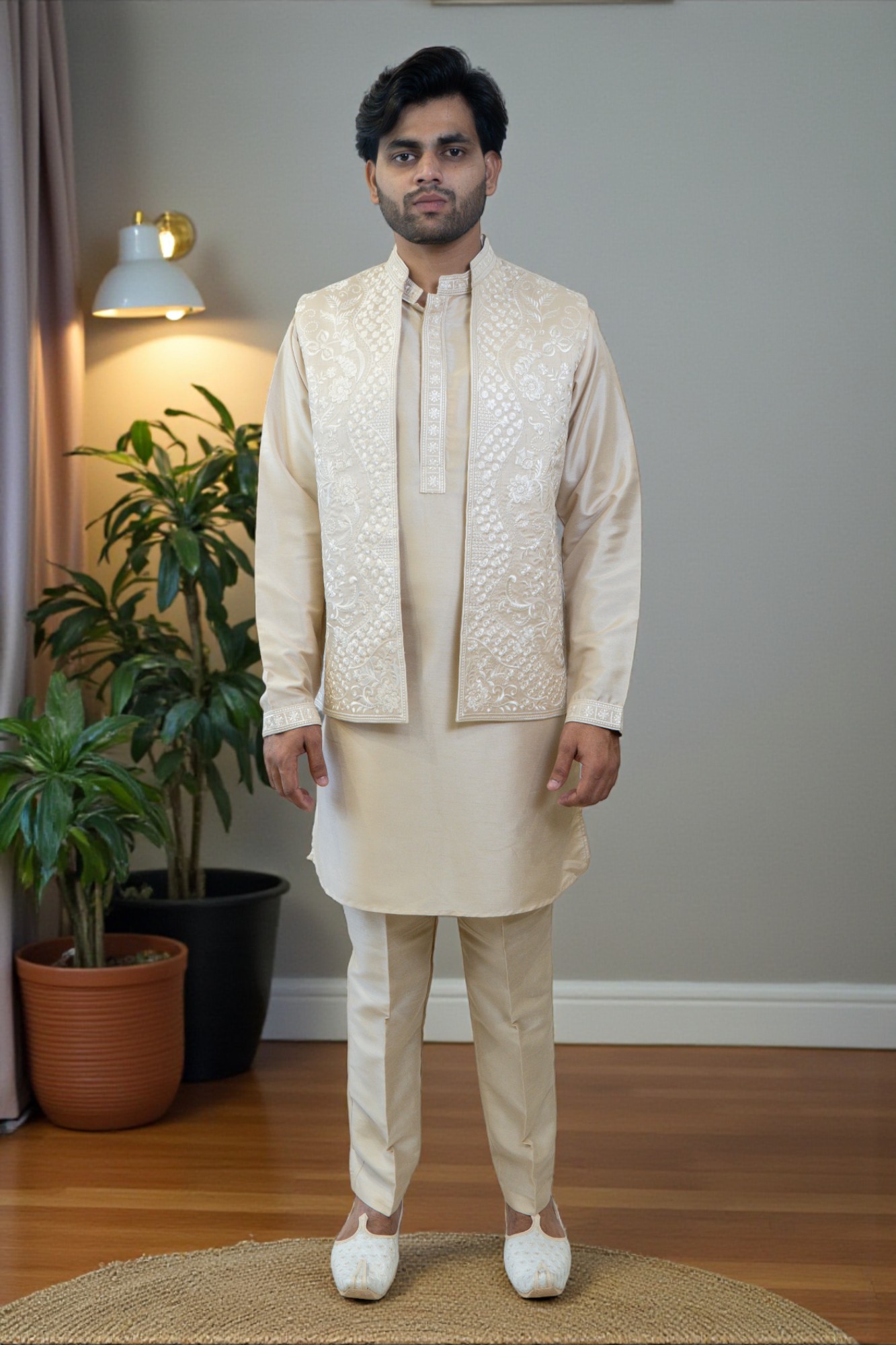 Golden Kurta Jacket Set – Full Embroidery - Image 2