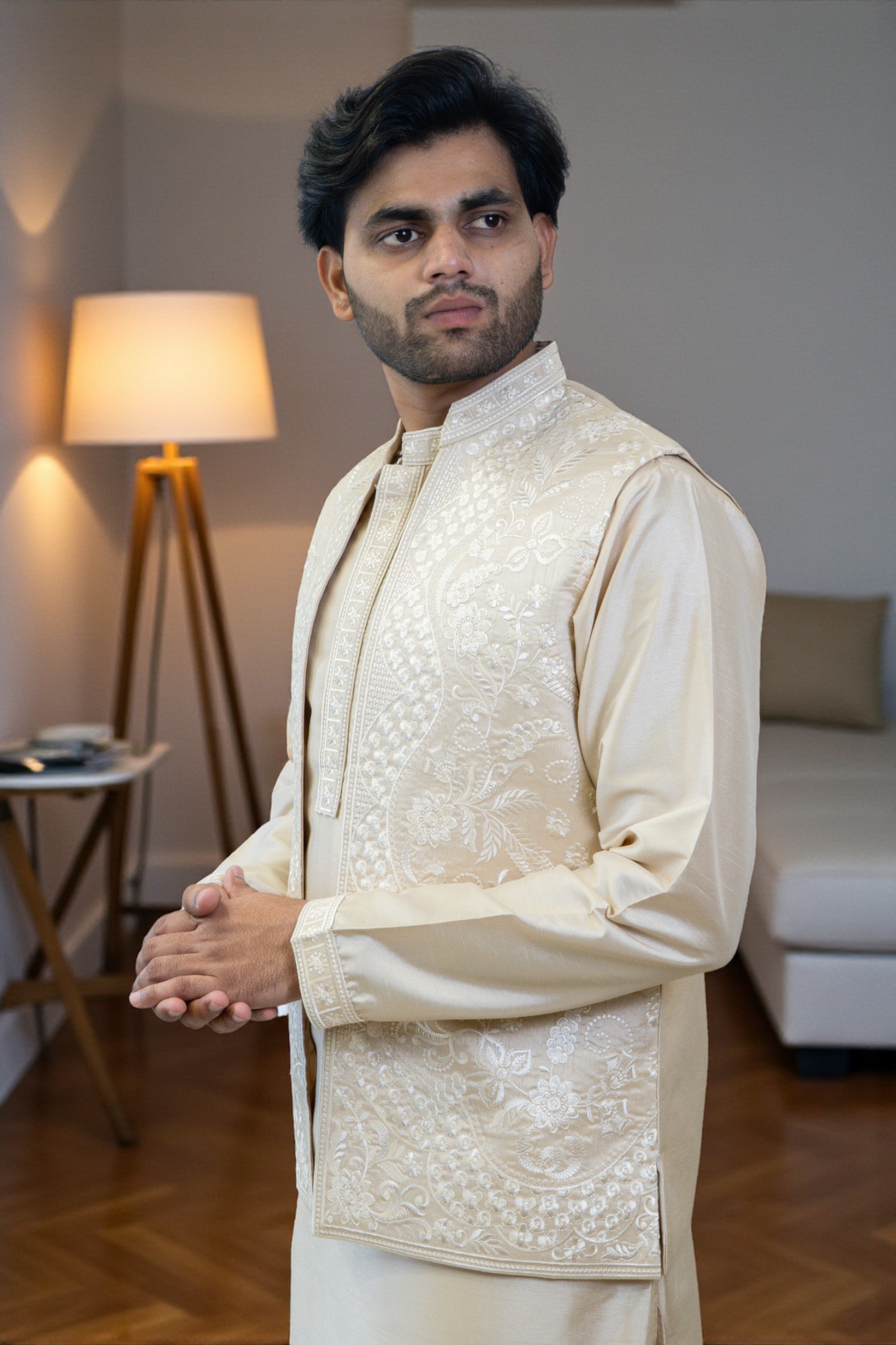 Golden Kurta Jacket Set – Full Embroidery